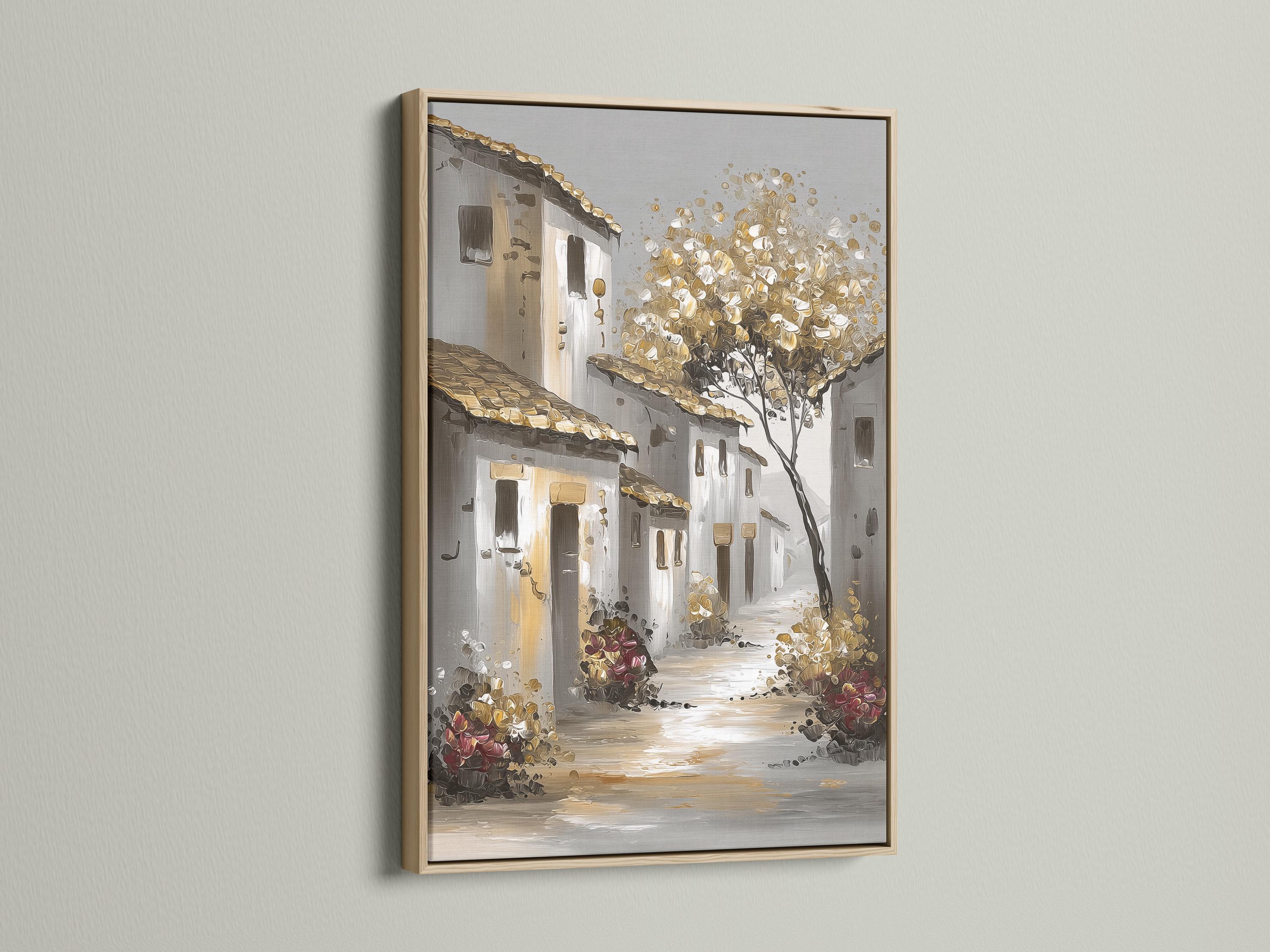 Pale village street scene with gold blossom clusters, tree branches and traditional buildings detail view