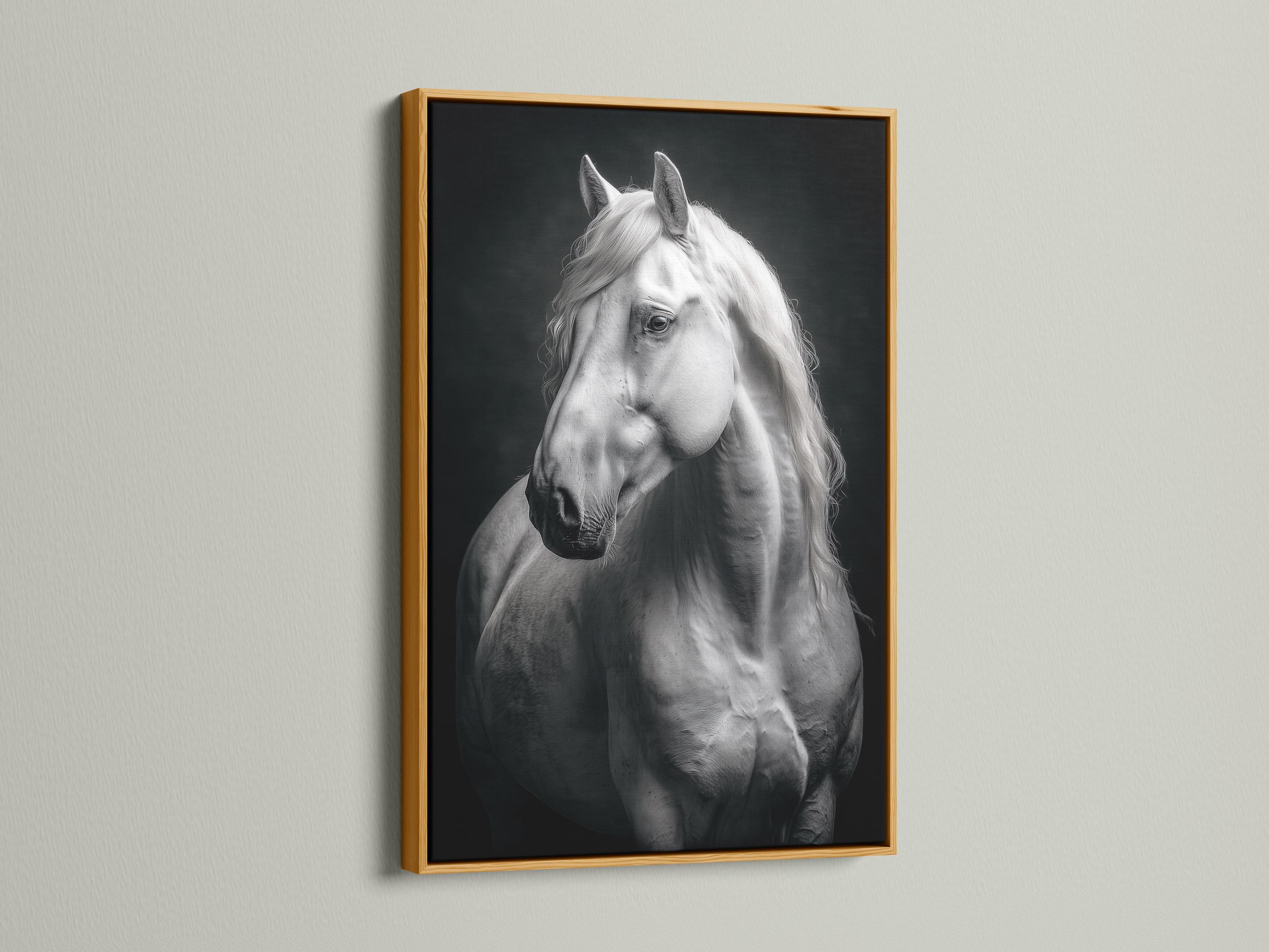 Room mockup showing a framed black and white horse portrait artwork
