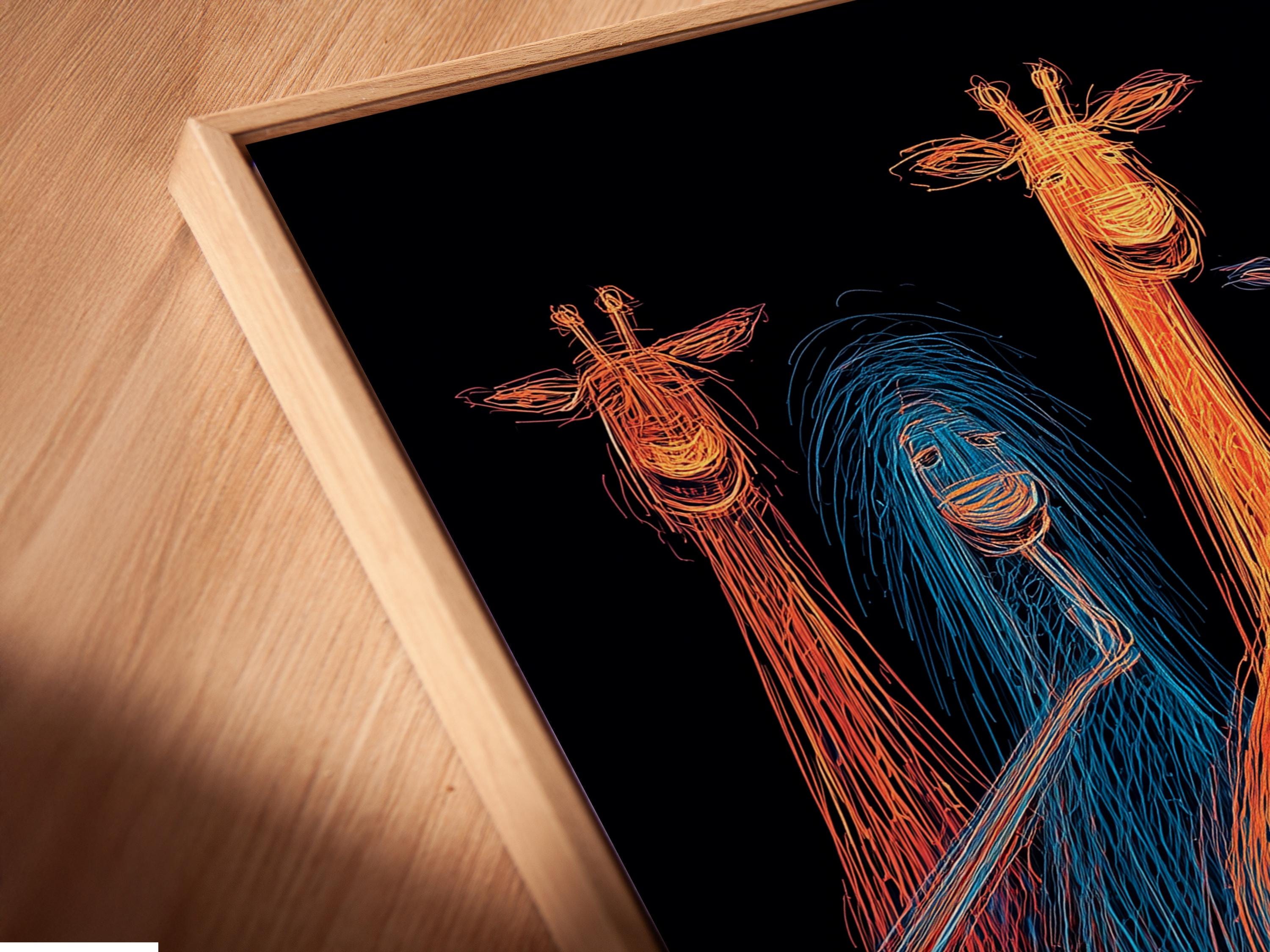 Neon line drawing of four giraffes grouped around a keyboard, on a dark background detail view
