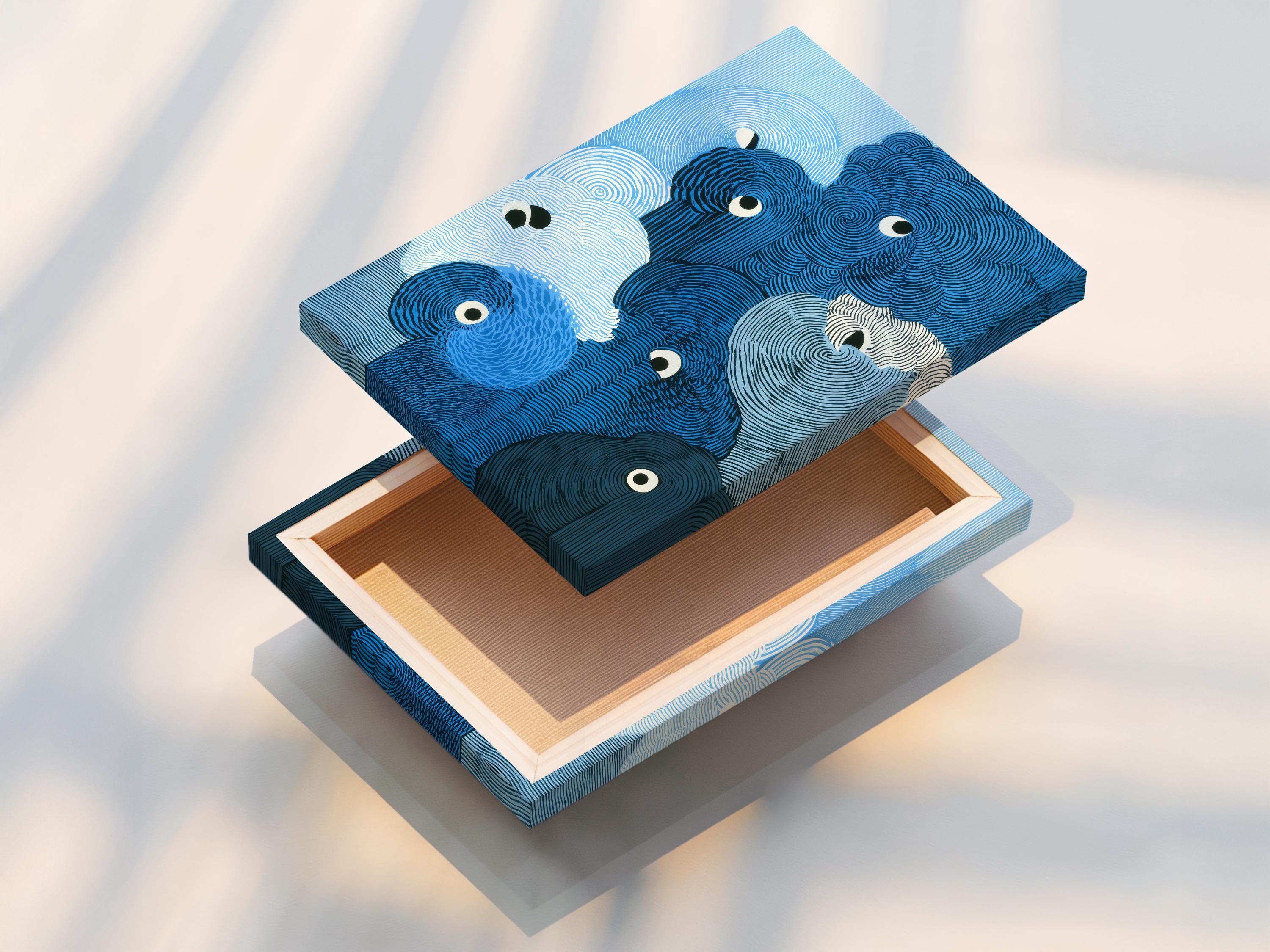 A blue animal portrait style artwork features overlapping rounded forms with spiralling contour lines and large cartoon eyes detail view