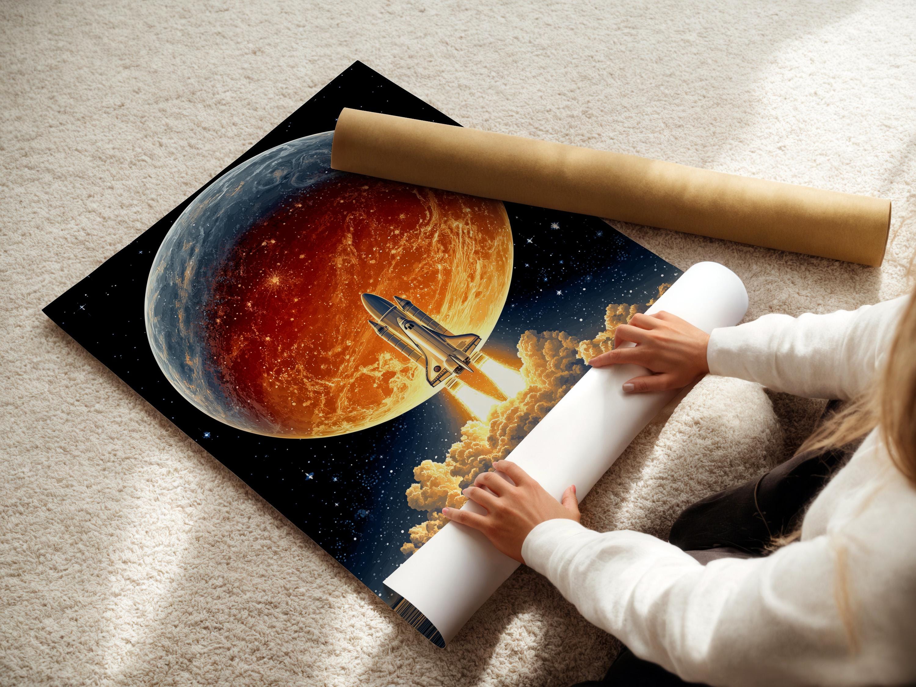 Room mockup showing a framed retro sci-fi rocket launch artwork on a wall