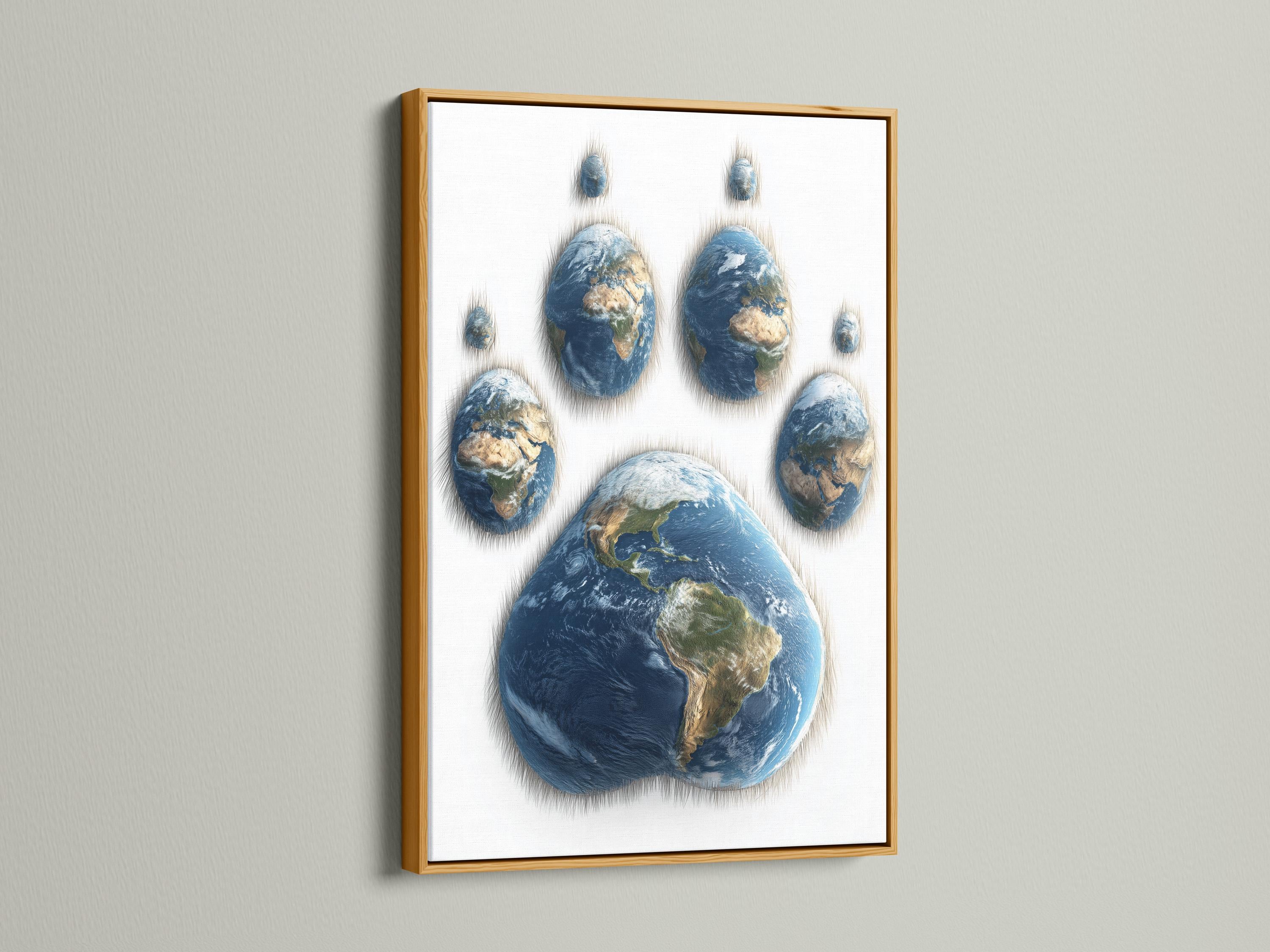 Globe Earth paw print with deep blue oceans and green and beige landmasses on a light background detail view