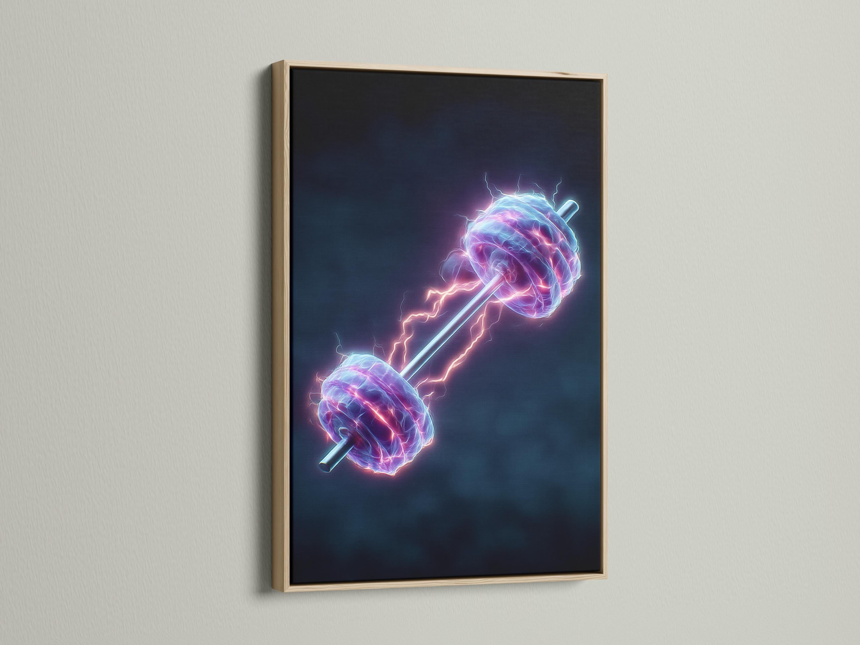 Neon dumbbell artwork with electric purple, blue and pink glow lines on a dark background detail view