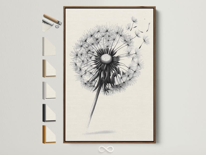 Minimalist black and white dandelion line illustration on a light background