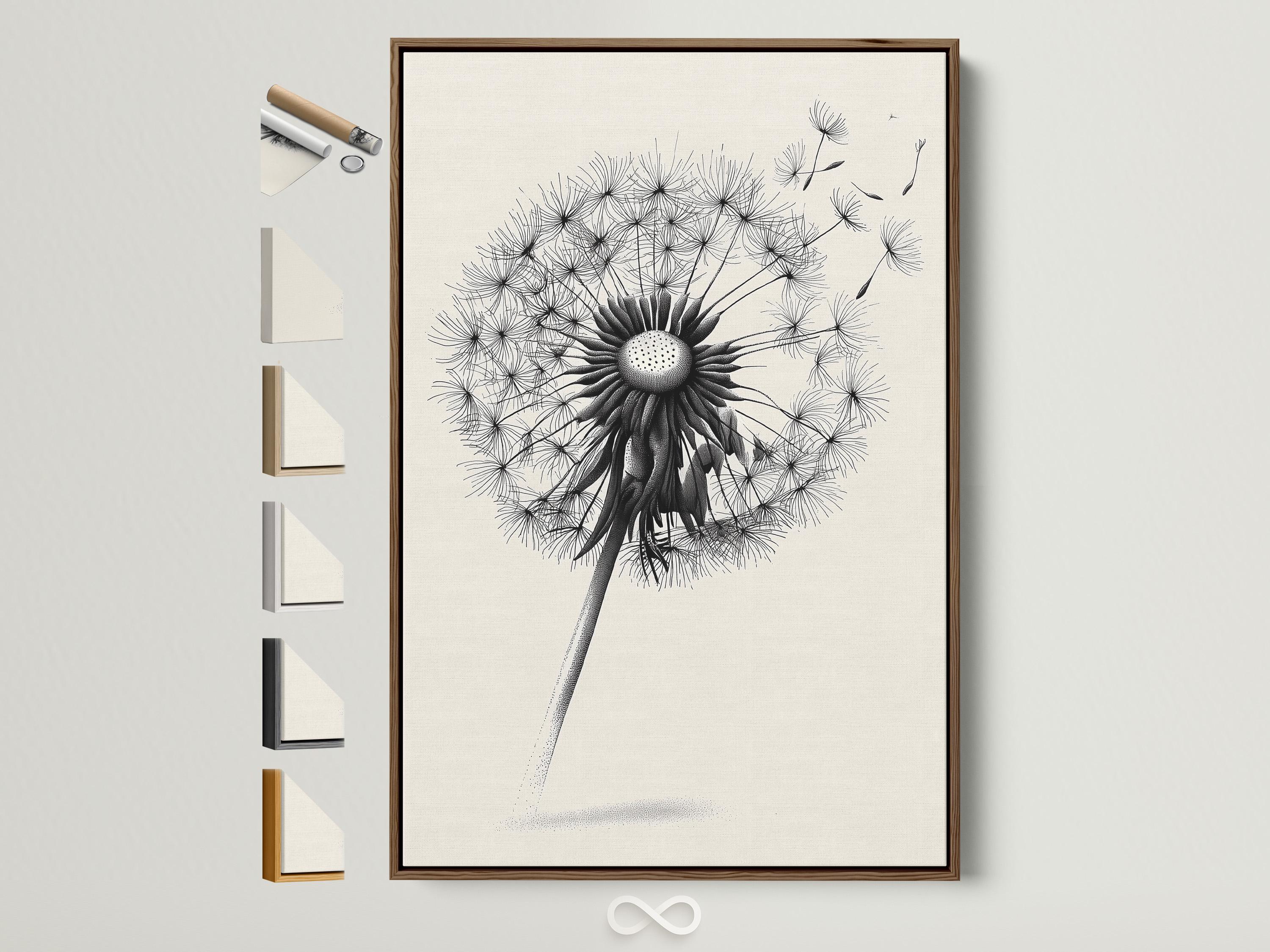 Minimalist black and white dandelion line illustration on a light background
