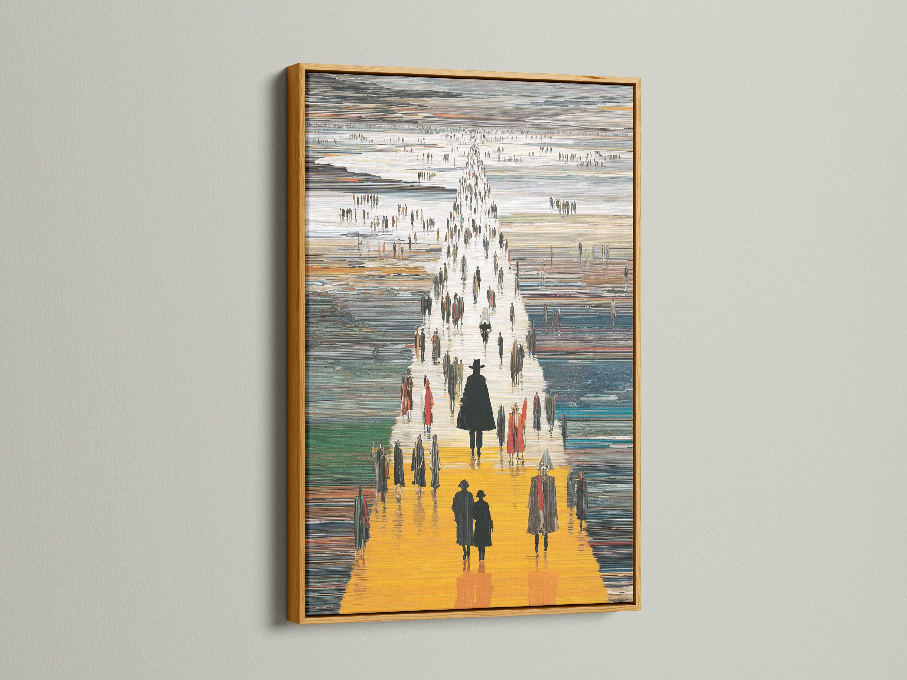 Stylised city street scene with bright yellow walkway and dark silhouette pedestrians detail view