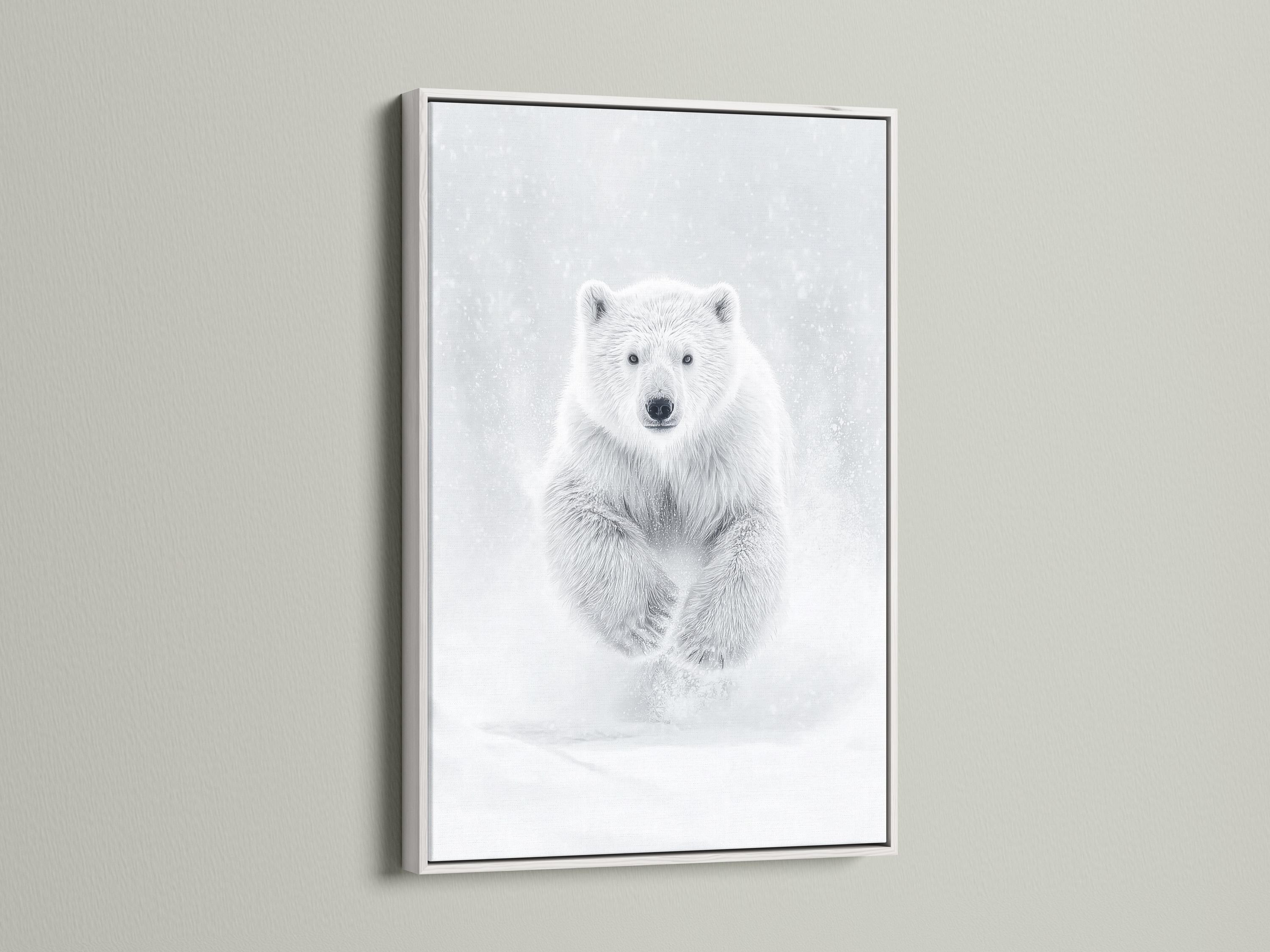 Room mockup showing a framed monochrome polar bear running artwork