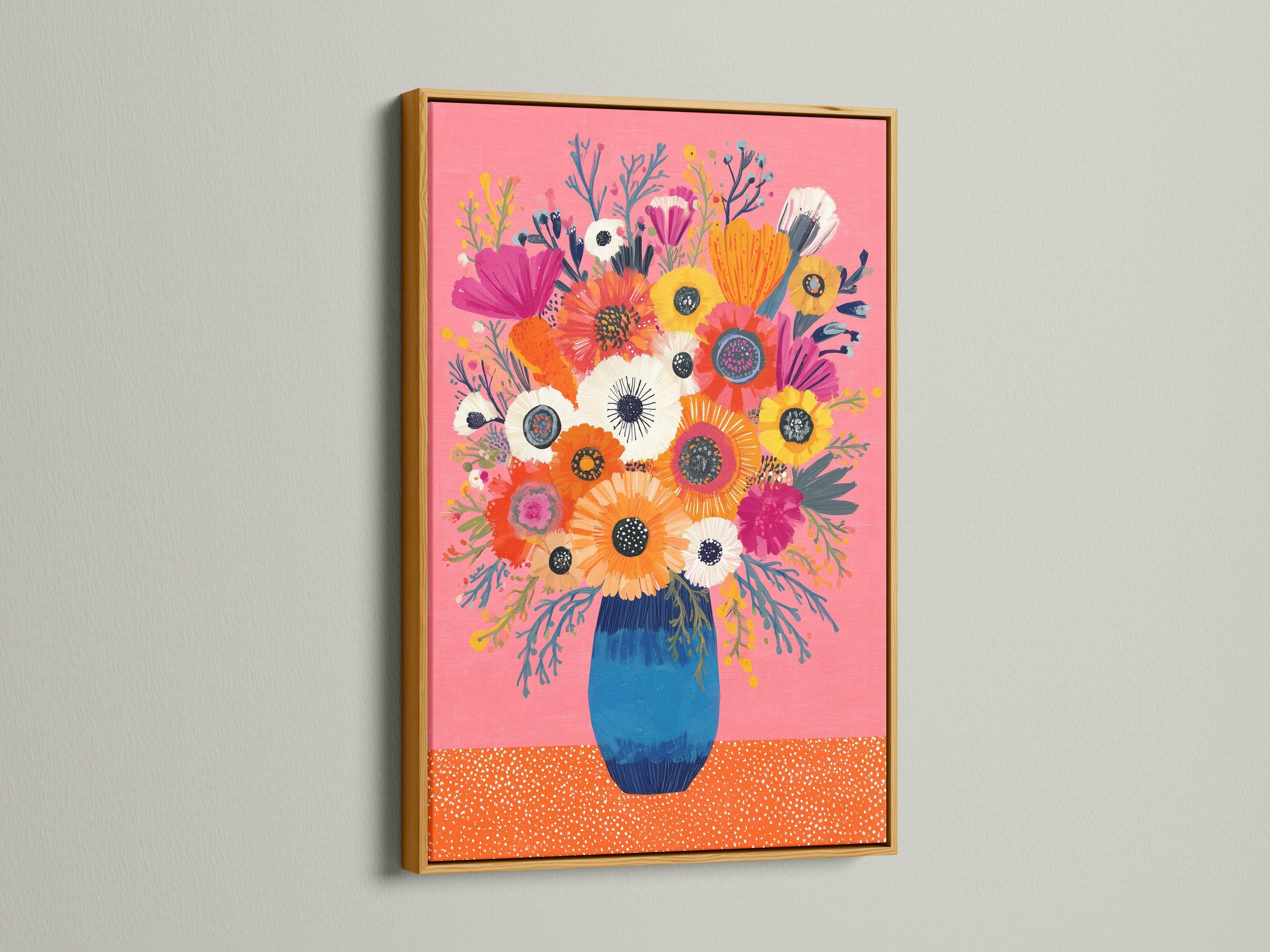 Floral bouquet painting with flowers in a blue vase on a pink background detail view