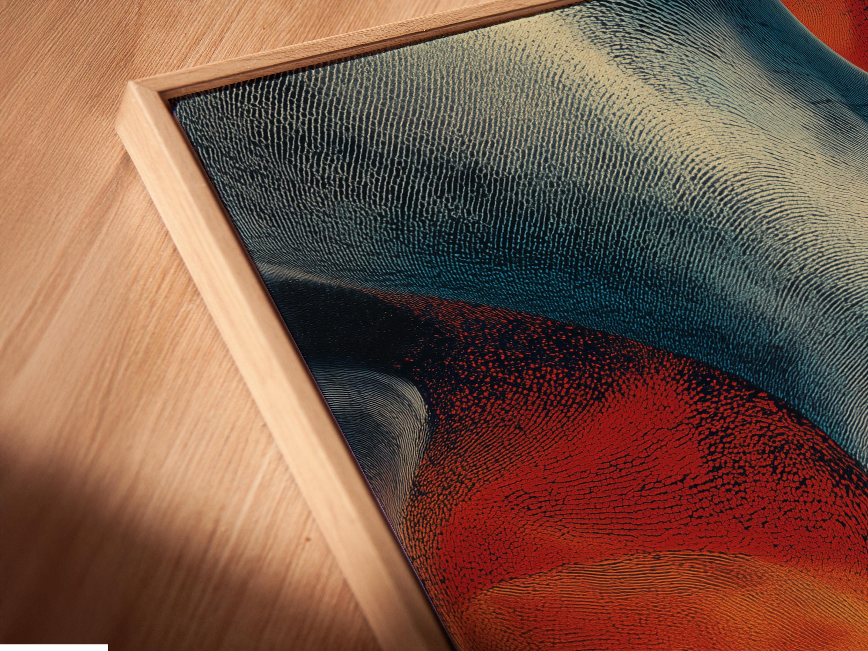 Abstract artwork with cream flowing curves and teal, navy, orange and red textured shapes detail view