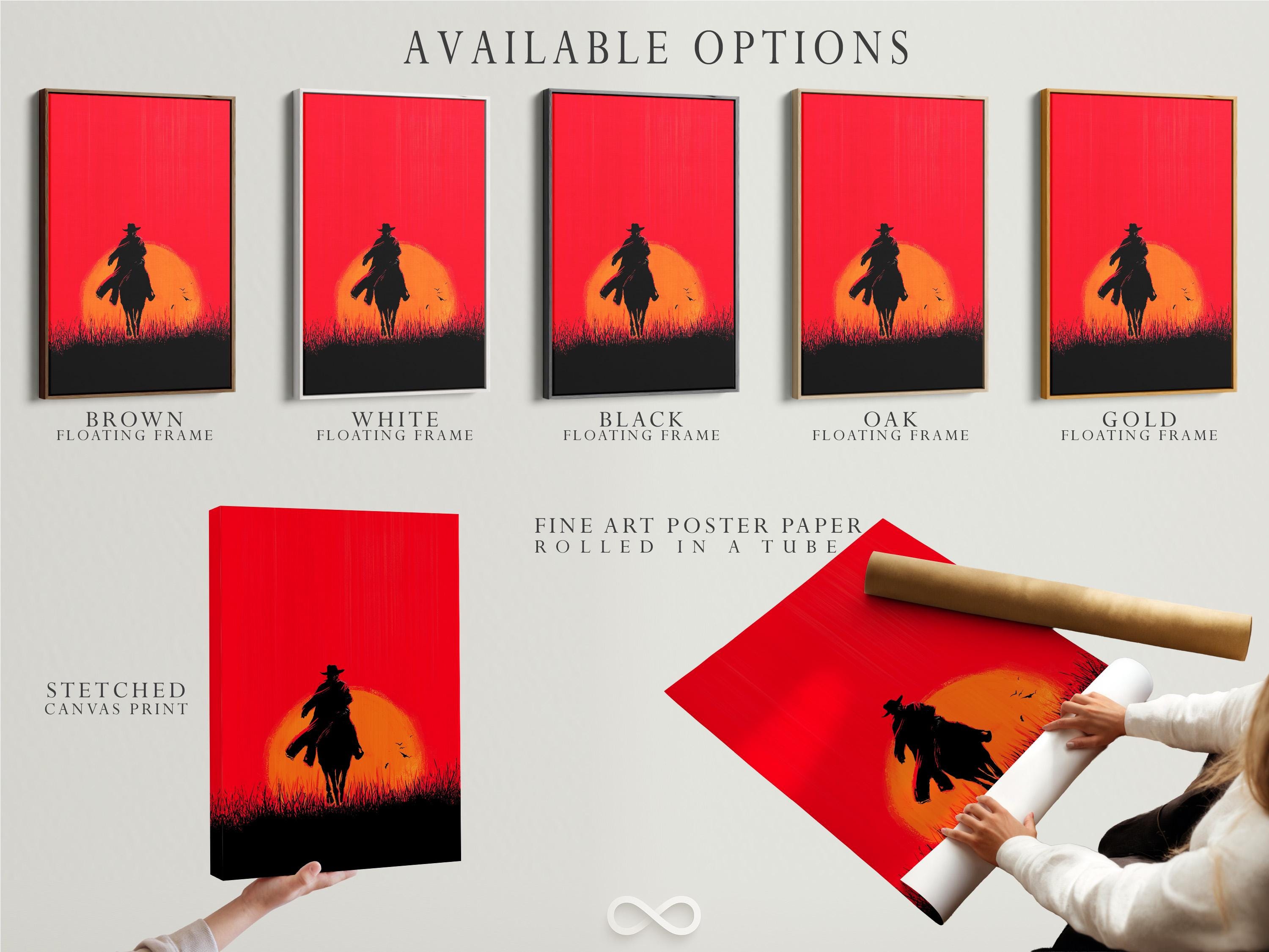 A framed artwork mockup showing a cowboy and horse silhouette at sunset against a red sky