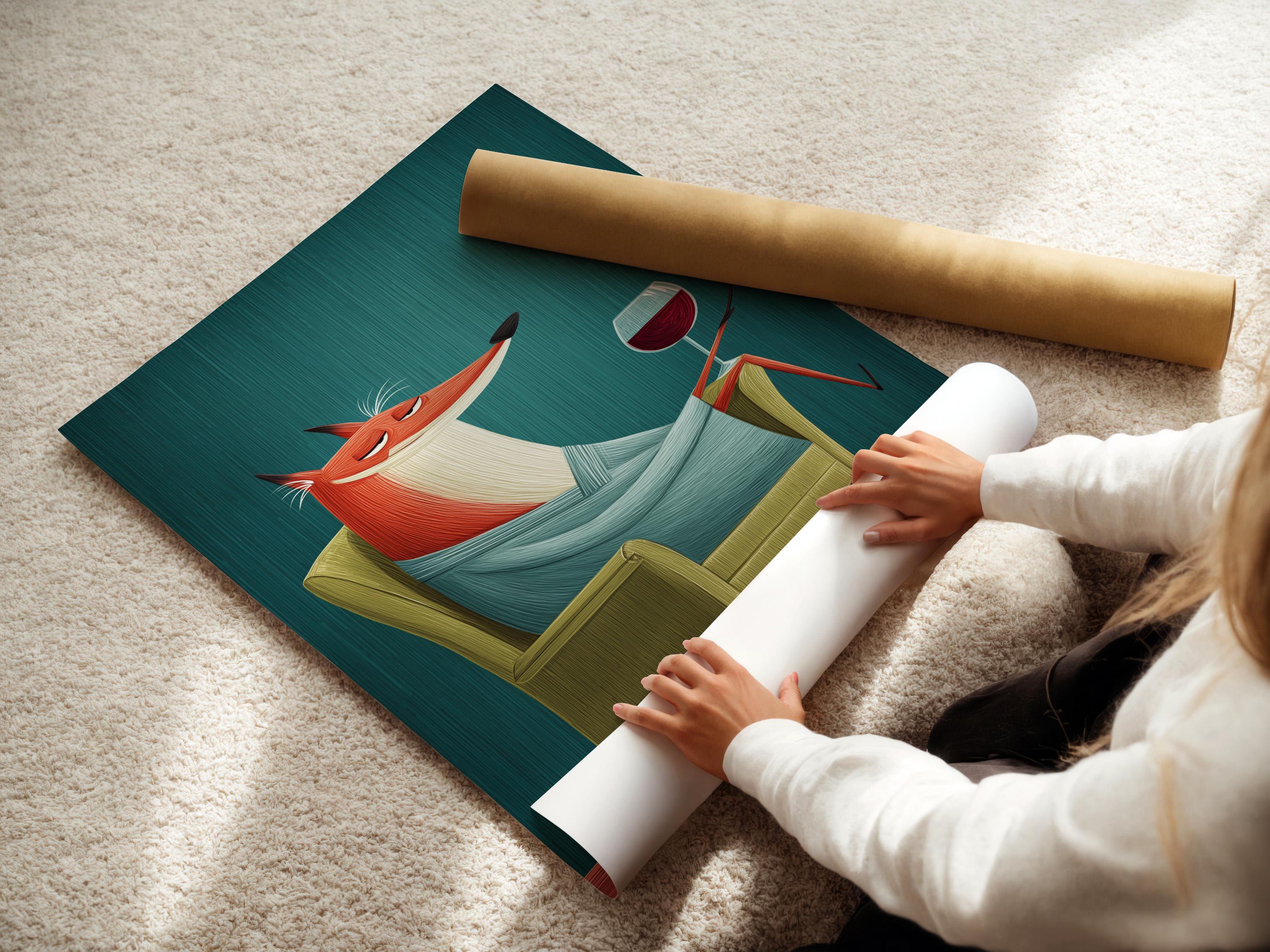 Fox wall art mockup showing a fox with a wine glass on a teal background