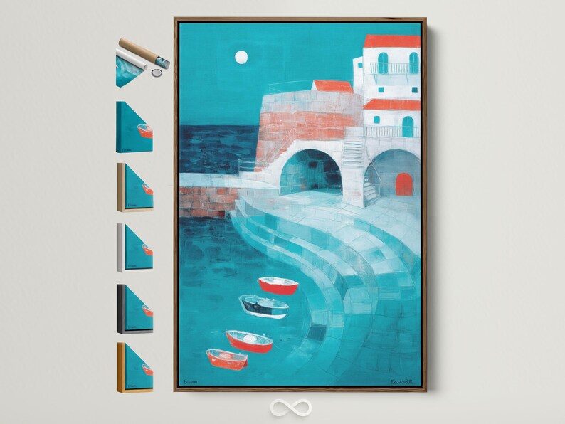 Turquoise harbour seascape with a rounded archway, white buildings, red boats and a pale moon