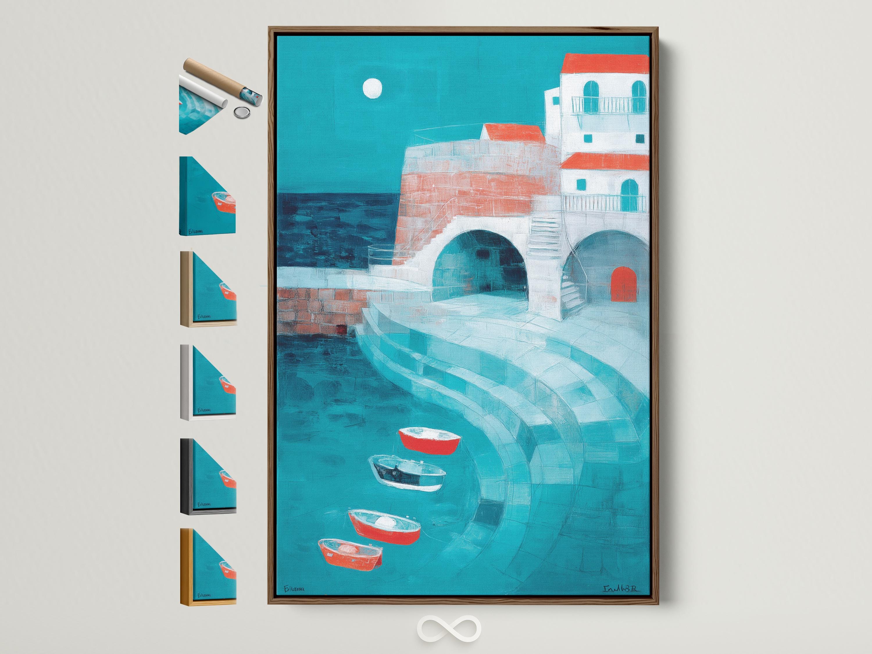Turquoise harbour seascape with a rounded archway, white buildings, red boats and a pale moon
