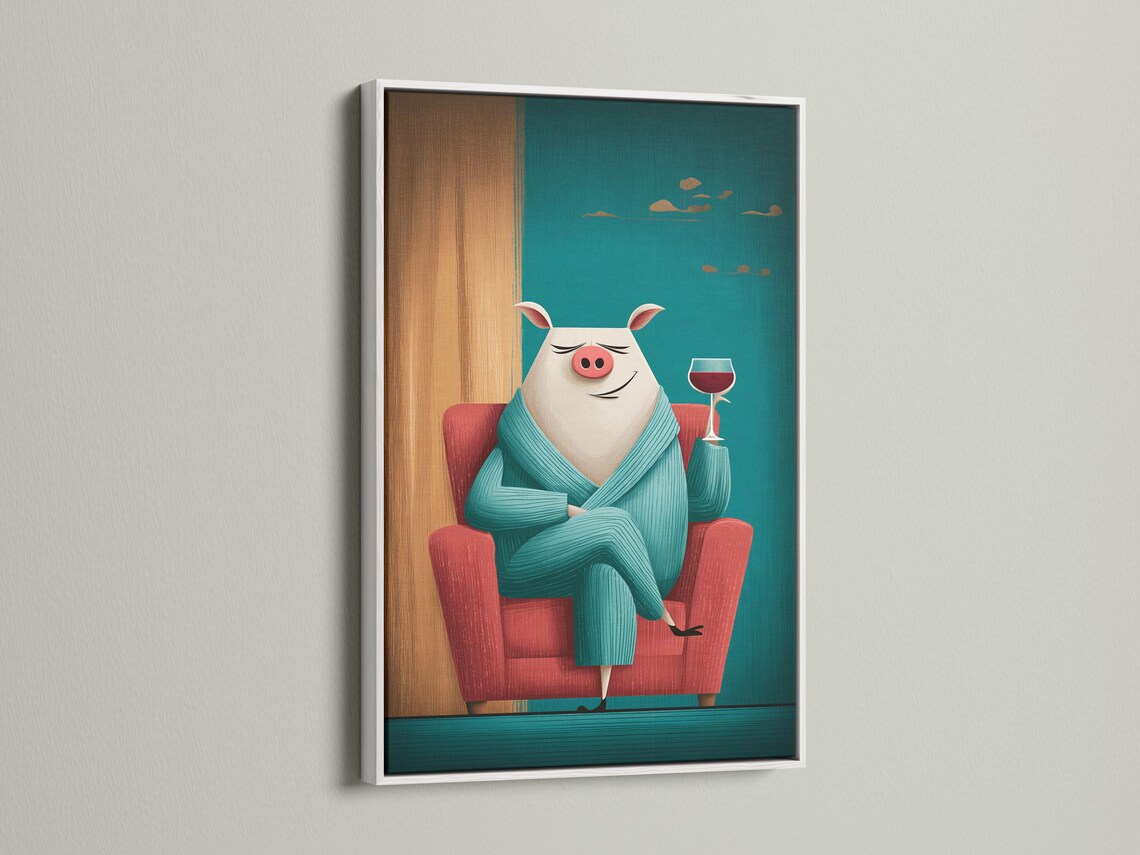 Illustration of a smiling pig in a teal jumper holding a wine glass detail view