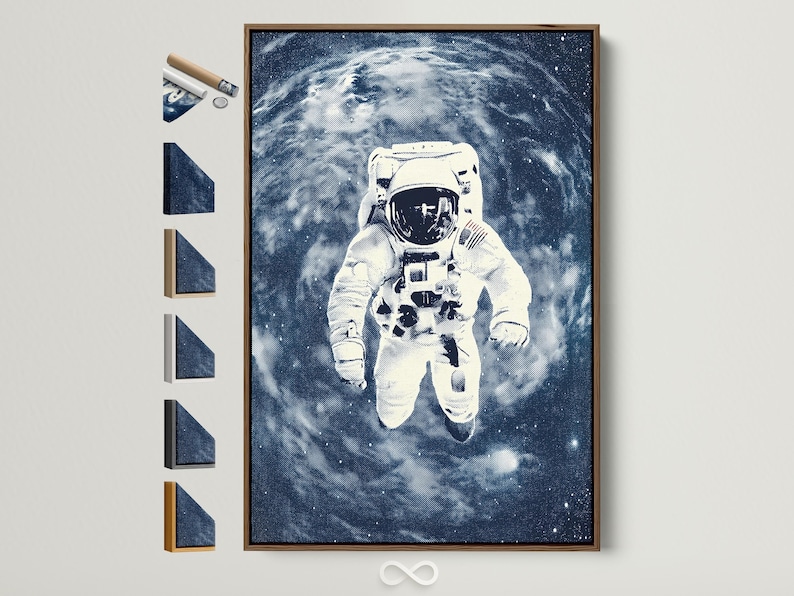 Stylised astronaut running through a deep indigo galaxy with a bright planet arc and stars
