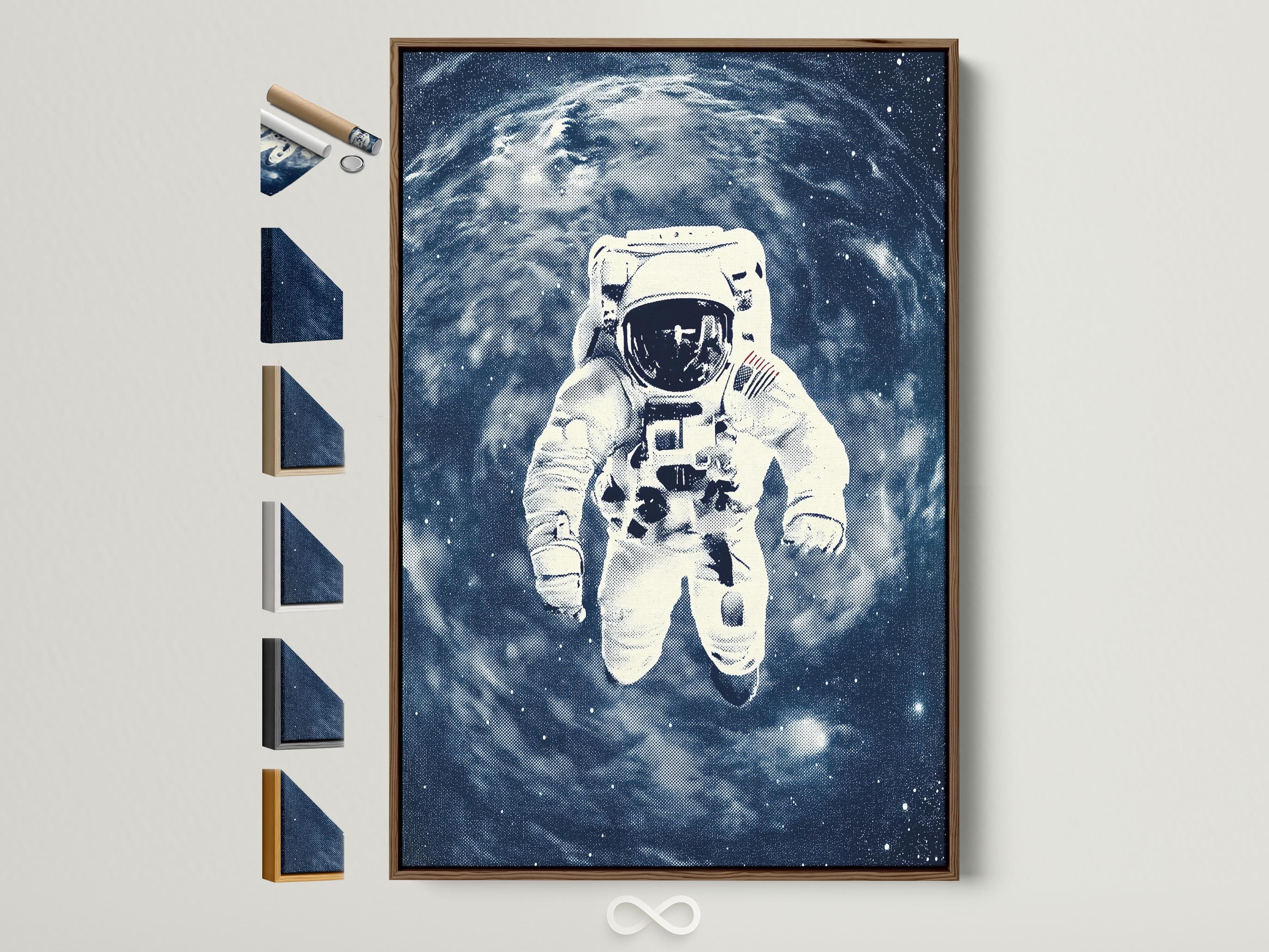 Stylised astronaut running through a deep indigo galaxy with a bright planet arc and stars