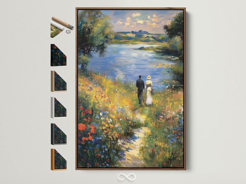An impressionist lake scene shows a standing couple in a flower-filled meadow, with a blue sky, leafy trees, and shimmering reflections