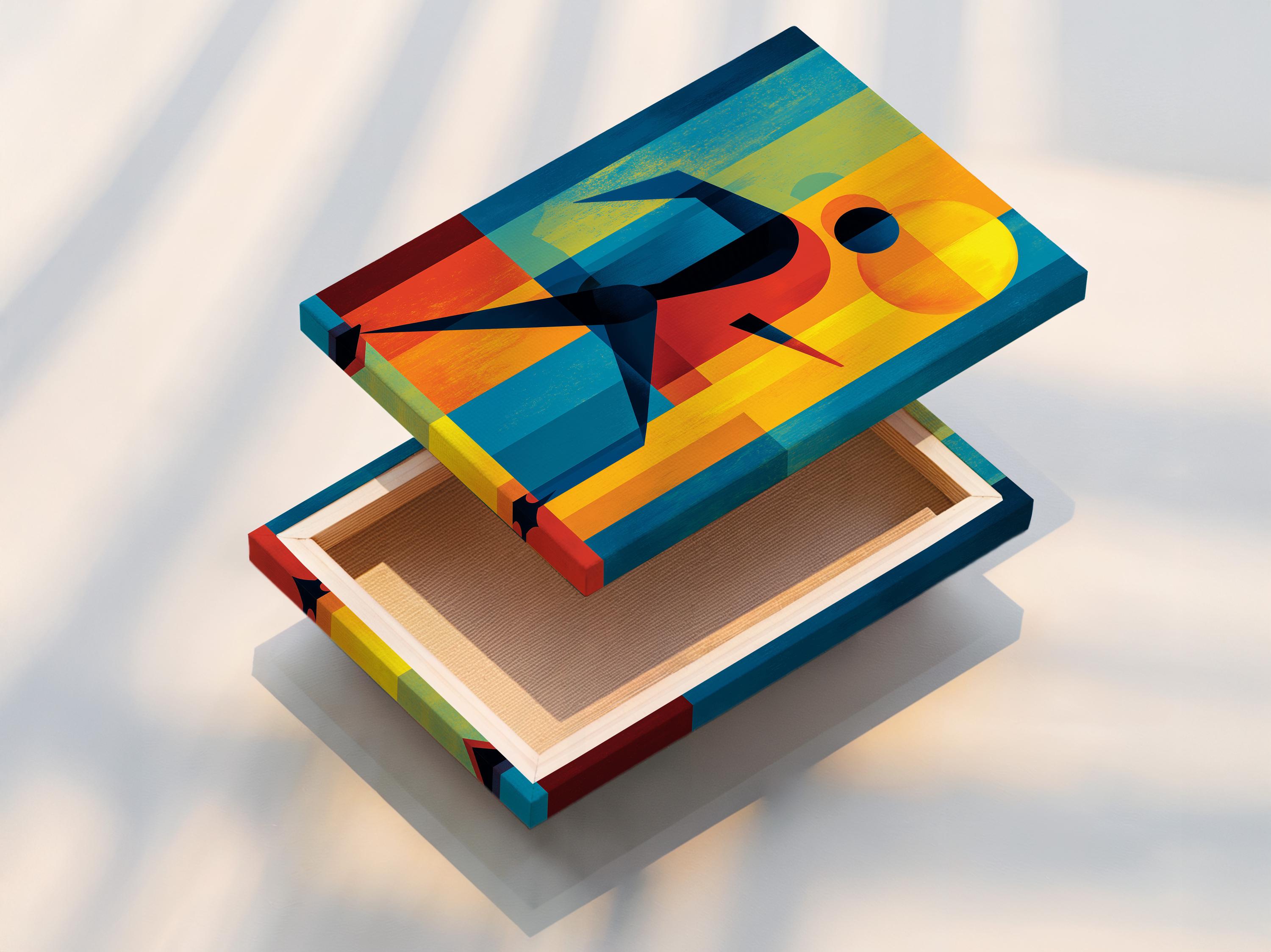 Geometric runner figure in red, blue, teal and yellow with a sun-like circle background detail view