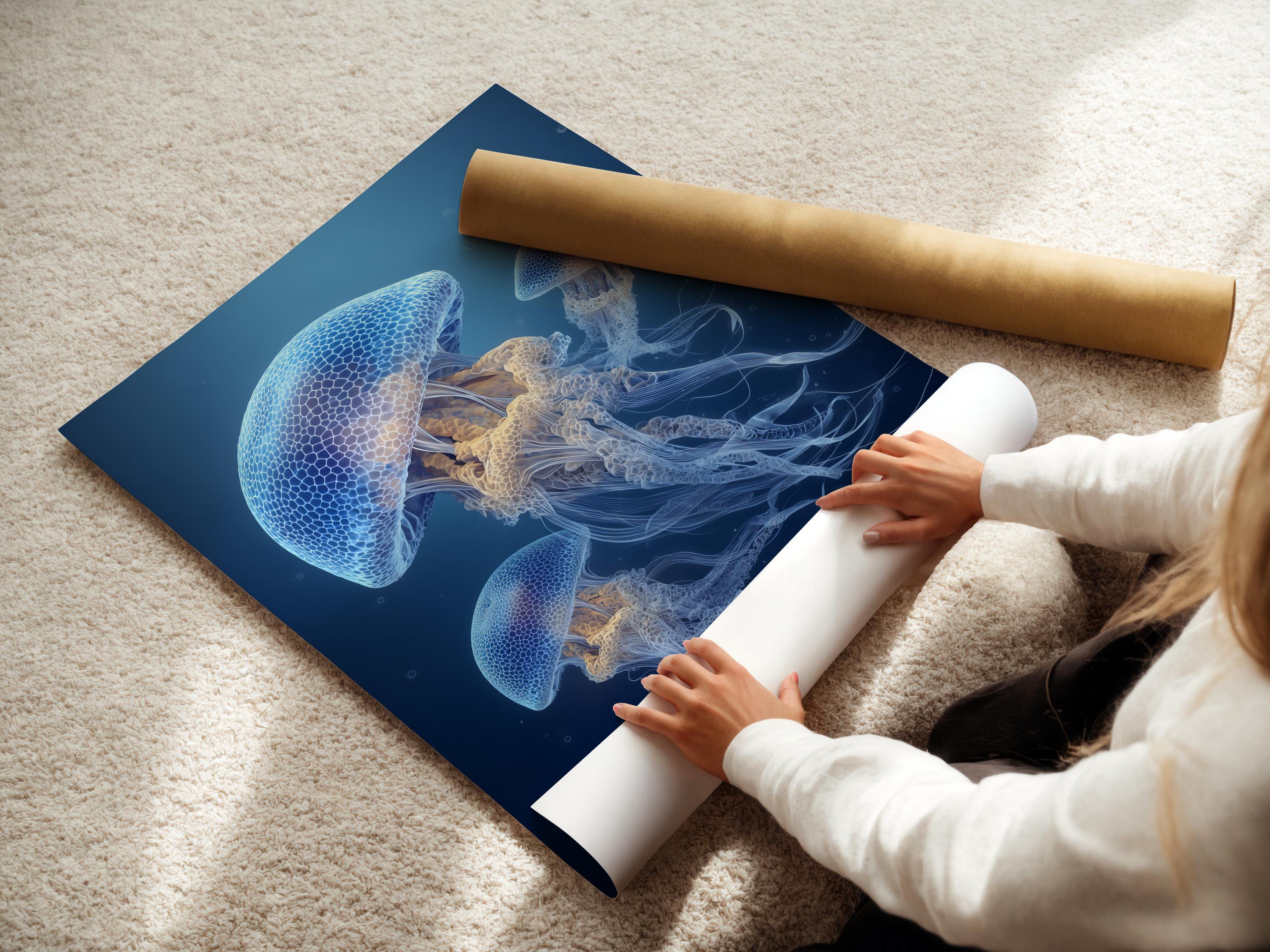 Framed jellyfish underwater artwork on a wall mockup