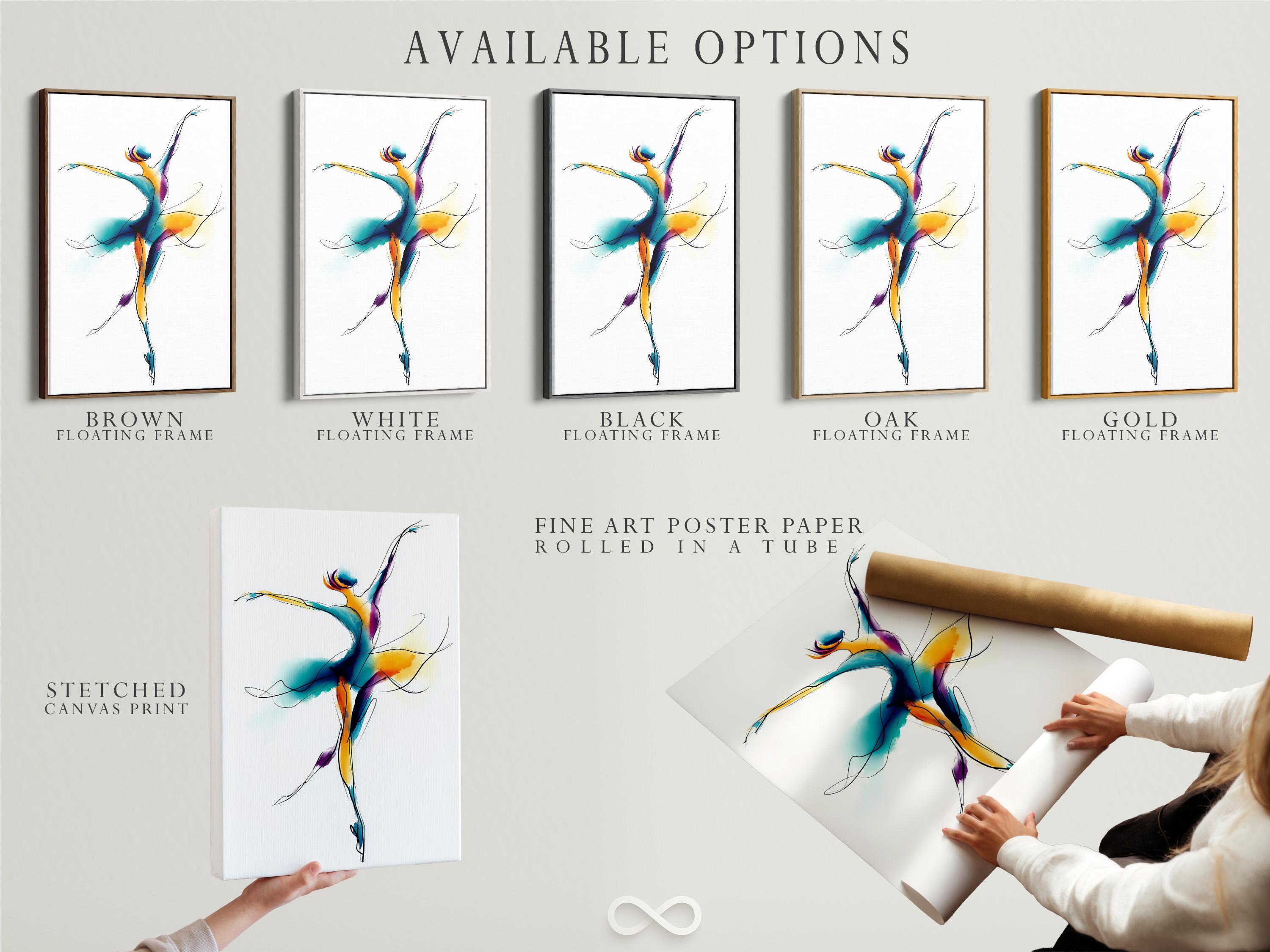 Ballet dancer illustration with teal, purple, and gold swirls on a white background detail view