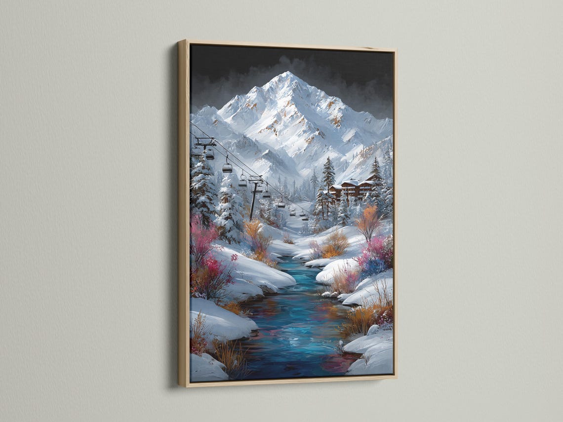 Room mockup featuring a framed snowy mountain landscape with ski lift gondolas