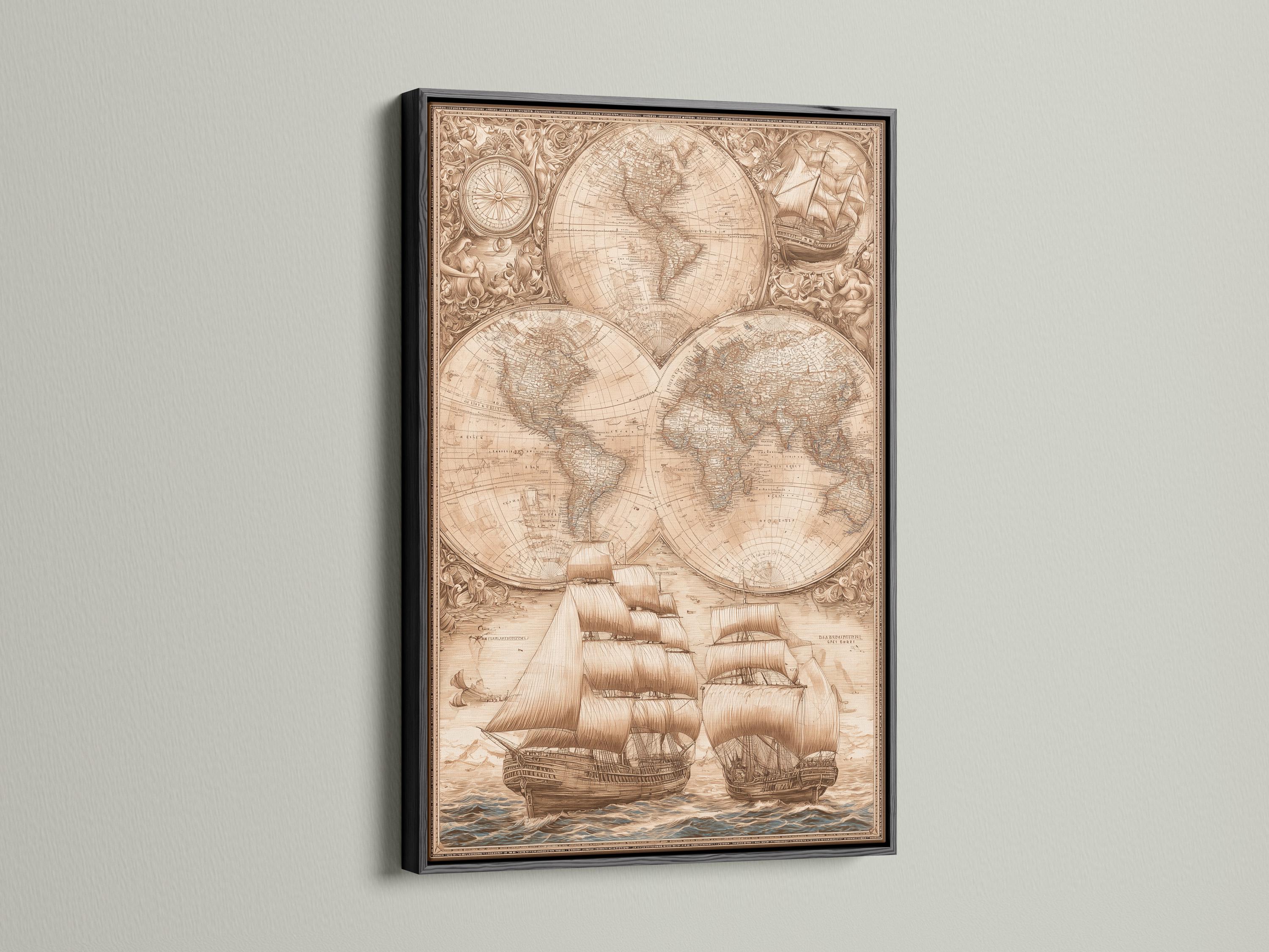 Sepia antique world map with compass circle and sailing ships on waves detail view