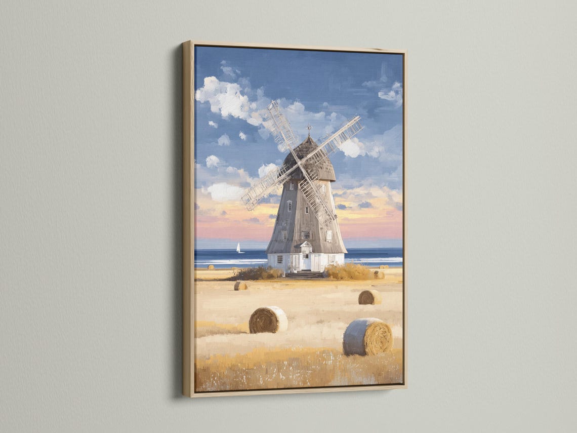 Painterly windmill landscape with hay bales, farmhouse, blue sea and cloudy sky detail view