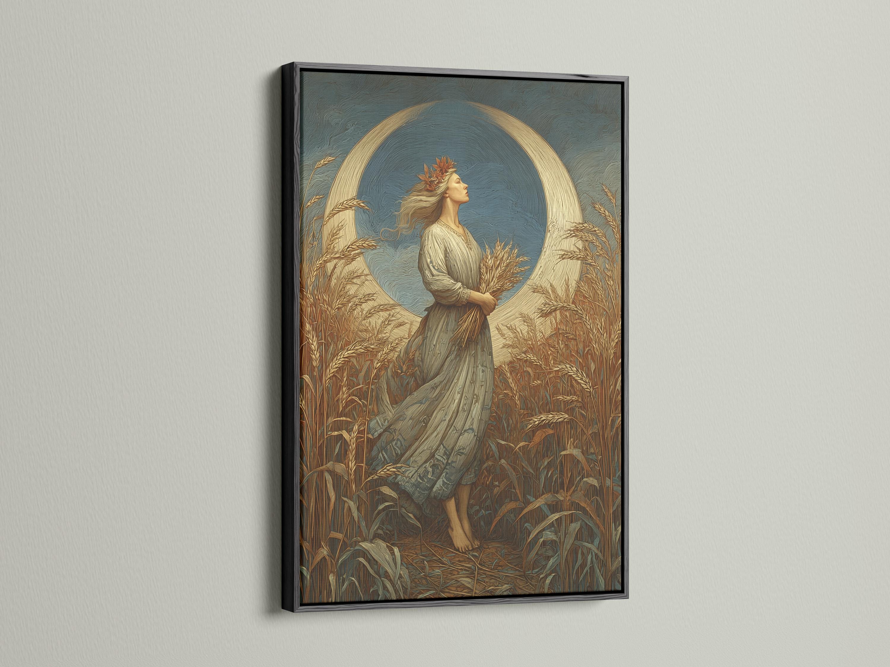 Stylised woman in profile standing in a wheat field with a large moon-like circle behind her detail view