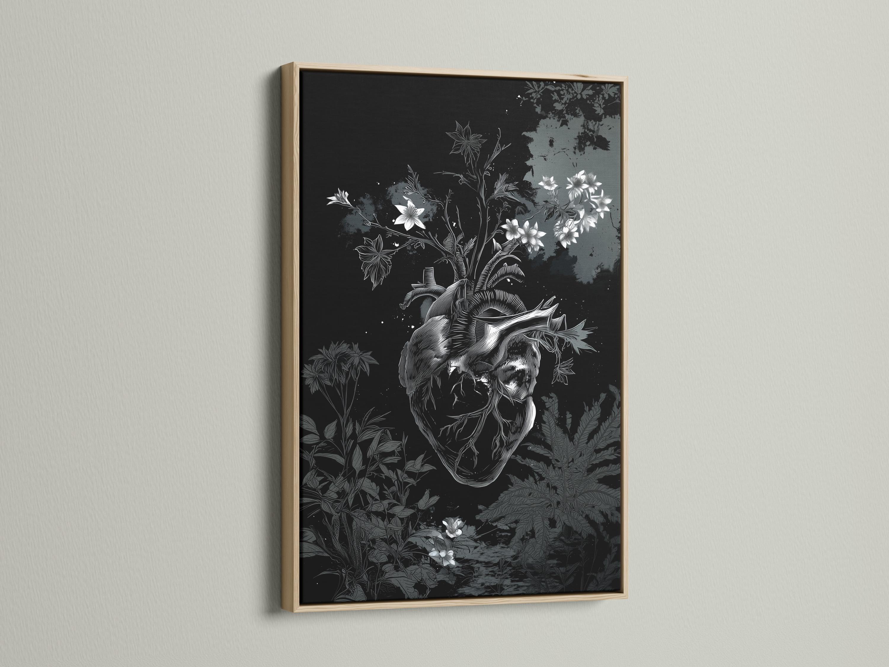 Room mockup showing a framed monochrome botanical heart artwork on a wall