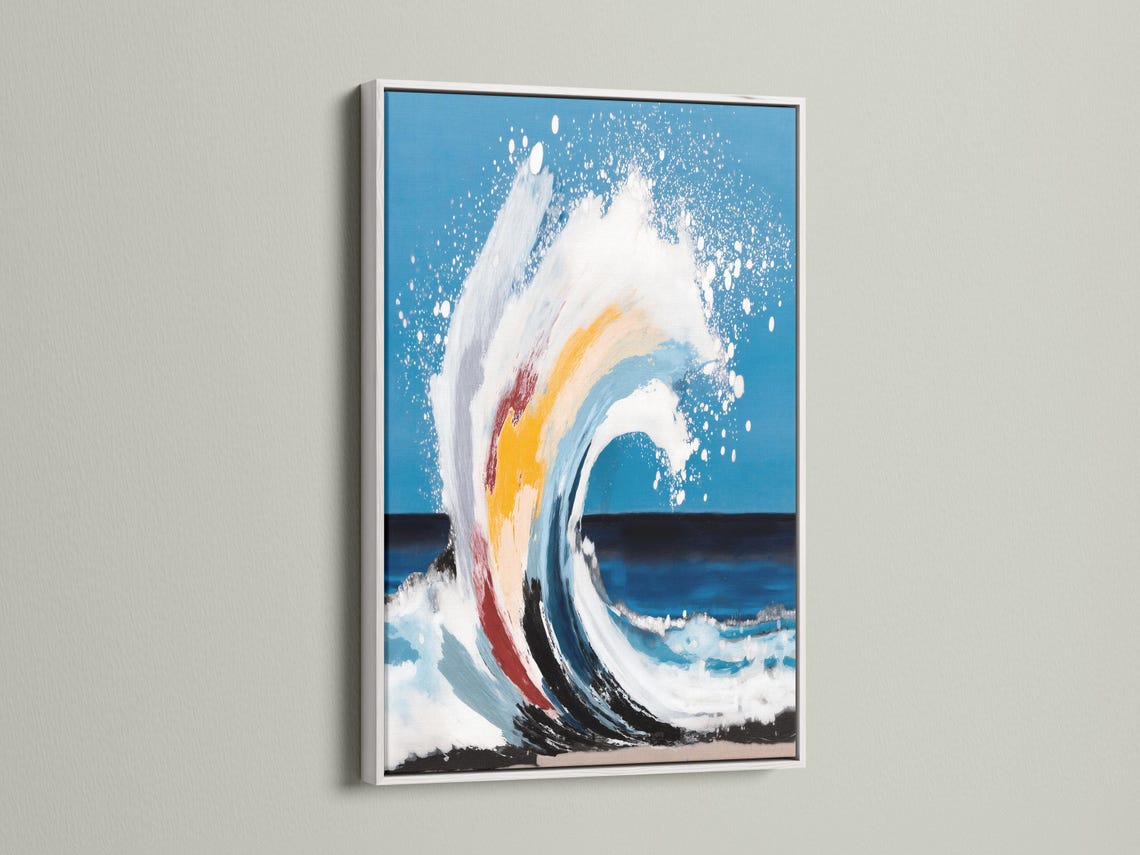 Abstract ocean wave painting with foamy white crest on teal blue background detail view