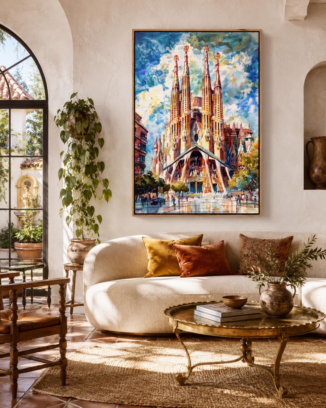 Room mockup showing a framed cathedral spires artwork on a blue wall above a desk