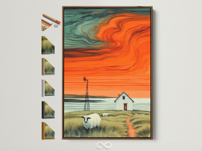 Sheep in tall grass in front of a windmill and small house under an orange sunset sky