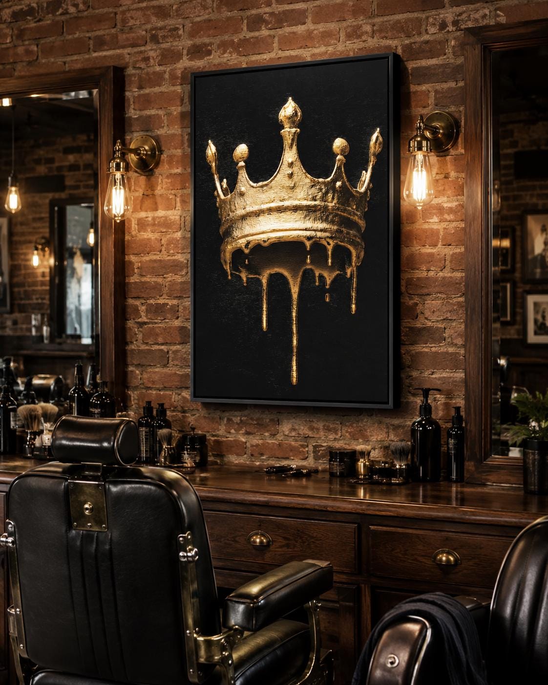 Person in a clothing store viewing a black-and-gold crown artwork on a gallery wall