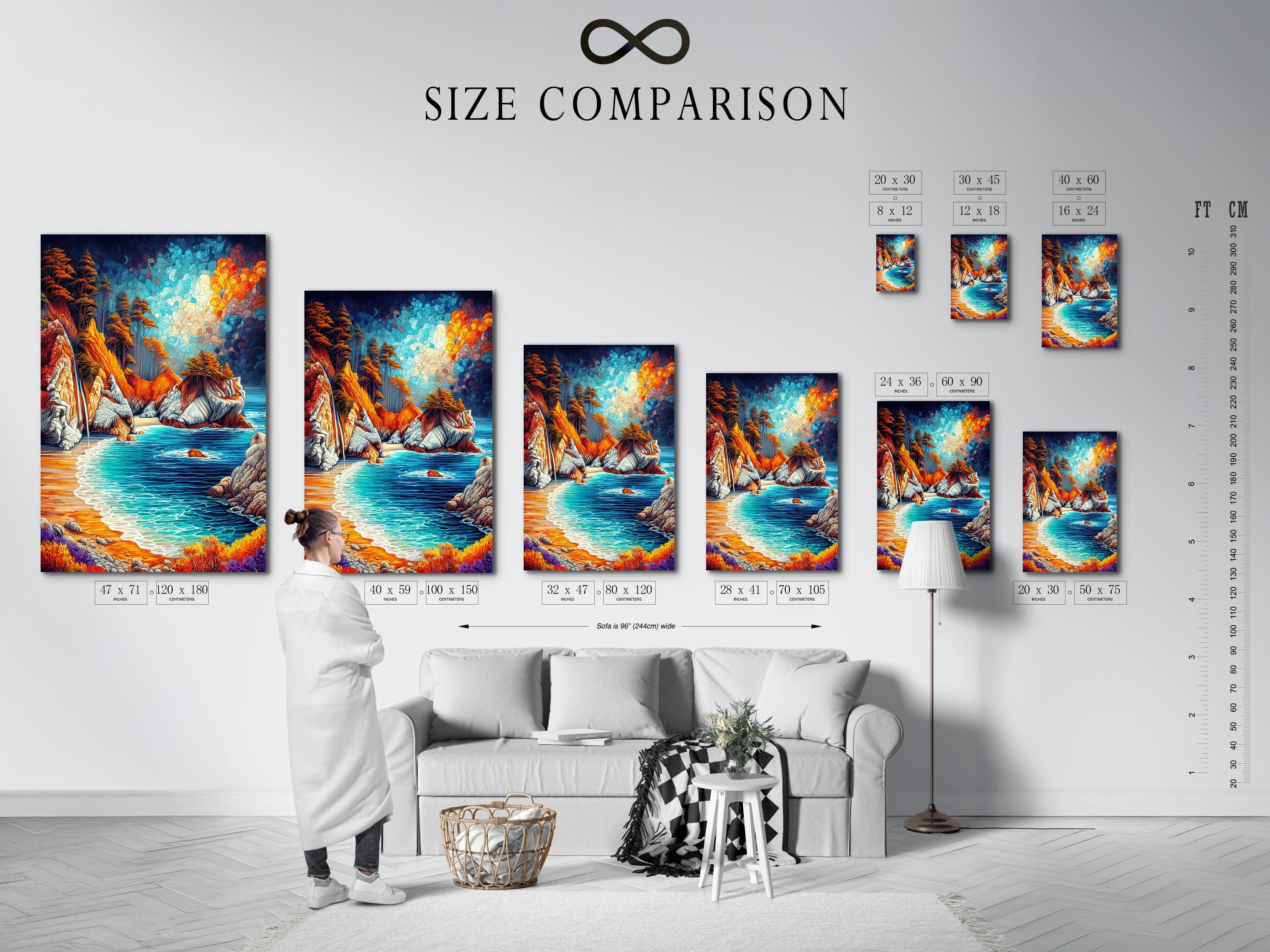 Vibrant ocean shoreline seascape with turquoise waves, orange cliffs and textured blue sky circles detail view