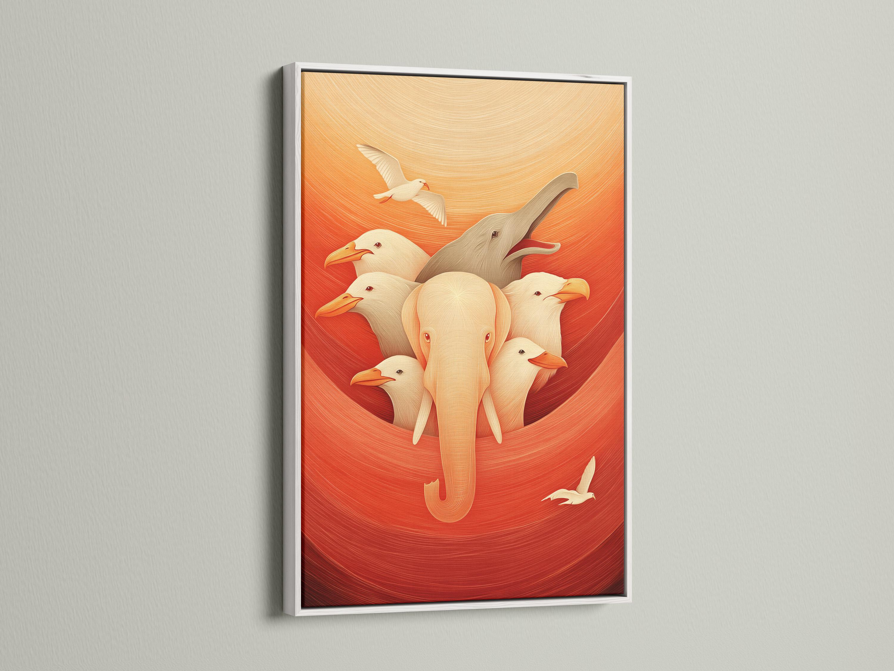 Elephant and bird wall art in a framed artwork mockup on a light background