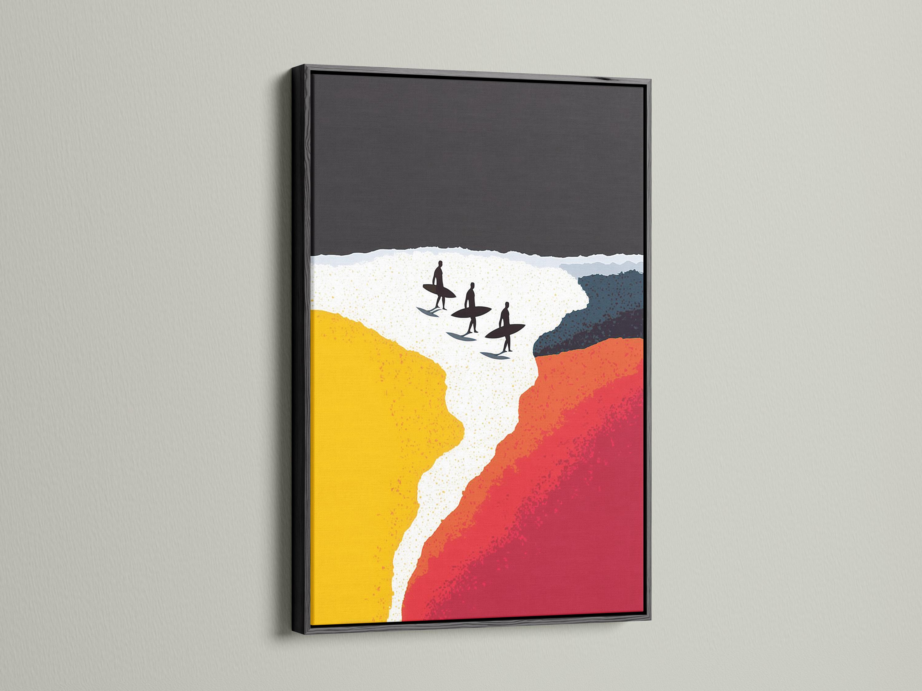 Stylised beach scene with red and yellow colour blocks, white sand and three black surfers on surfboards detail view