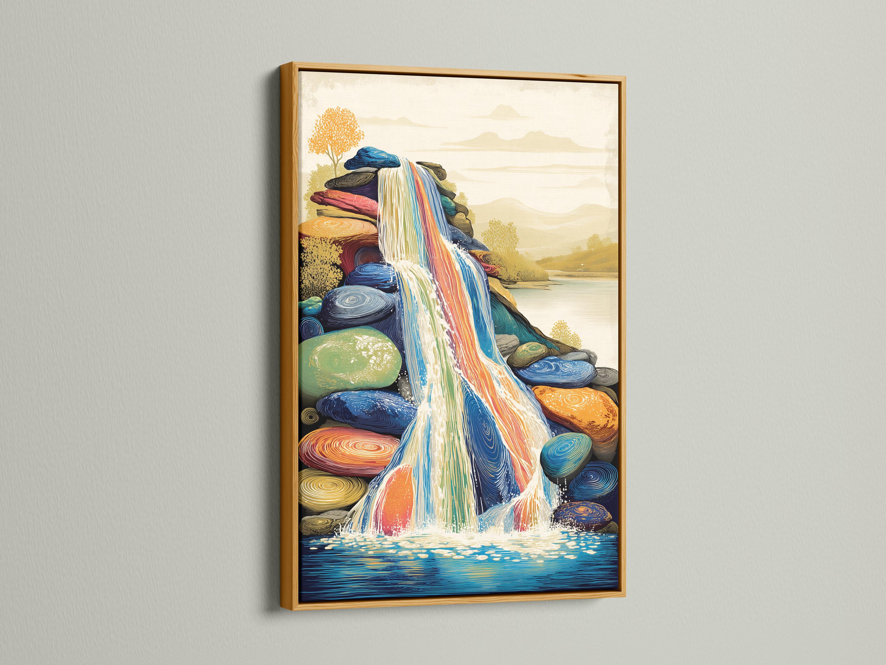 Room mockup showing a framed waterfall artwork with blue and gold colours