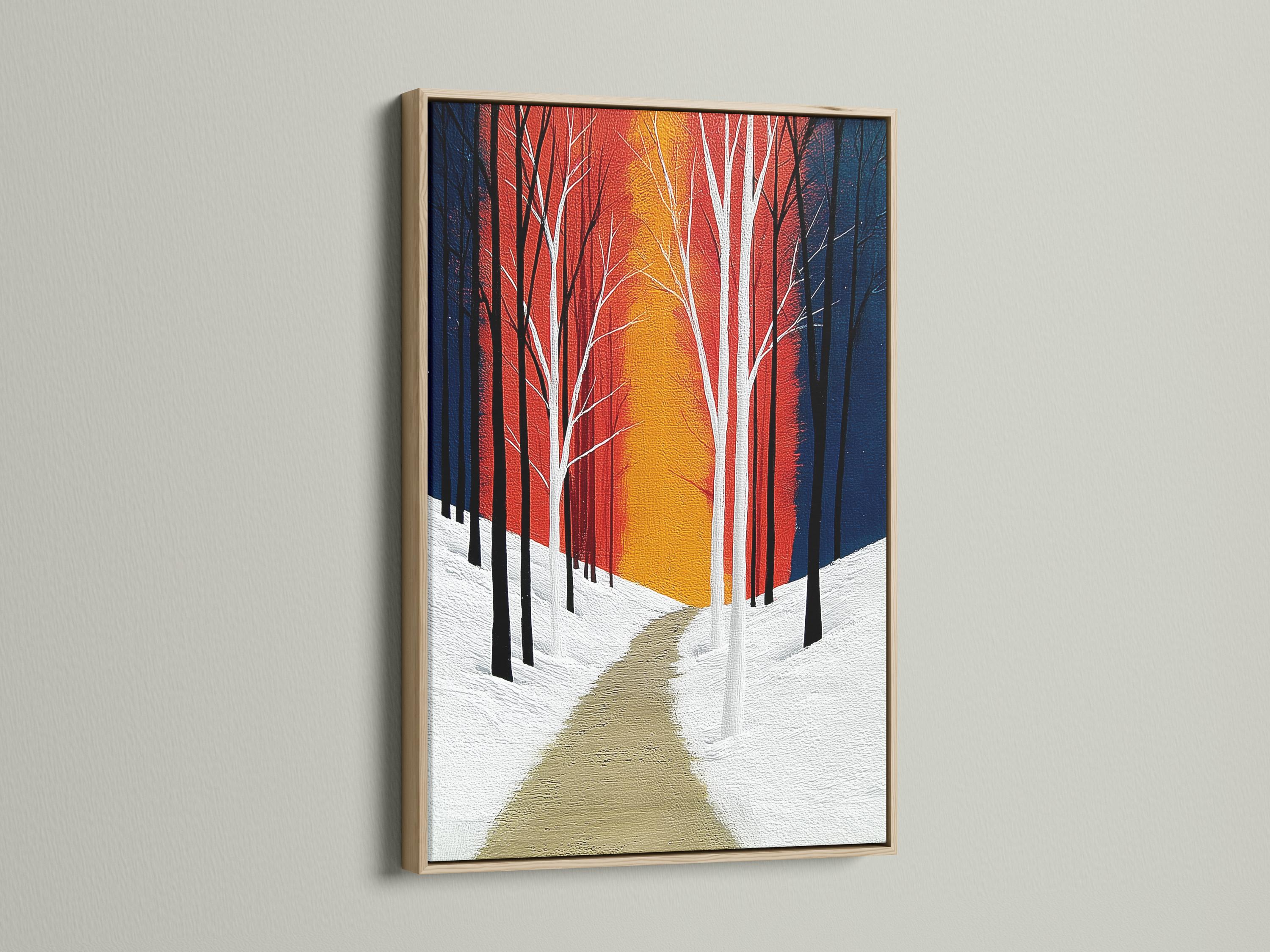 Winter forest artwork with tall leafless trees, a snowy path, and red blue gold sunset colours detail view