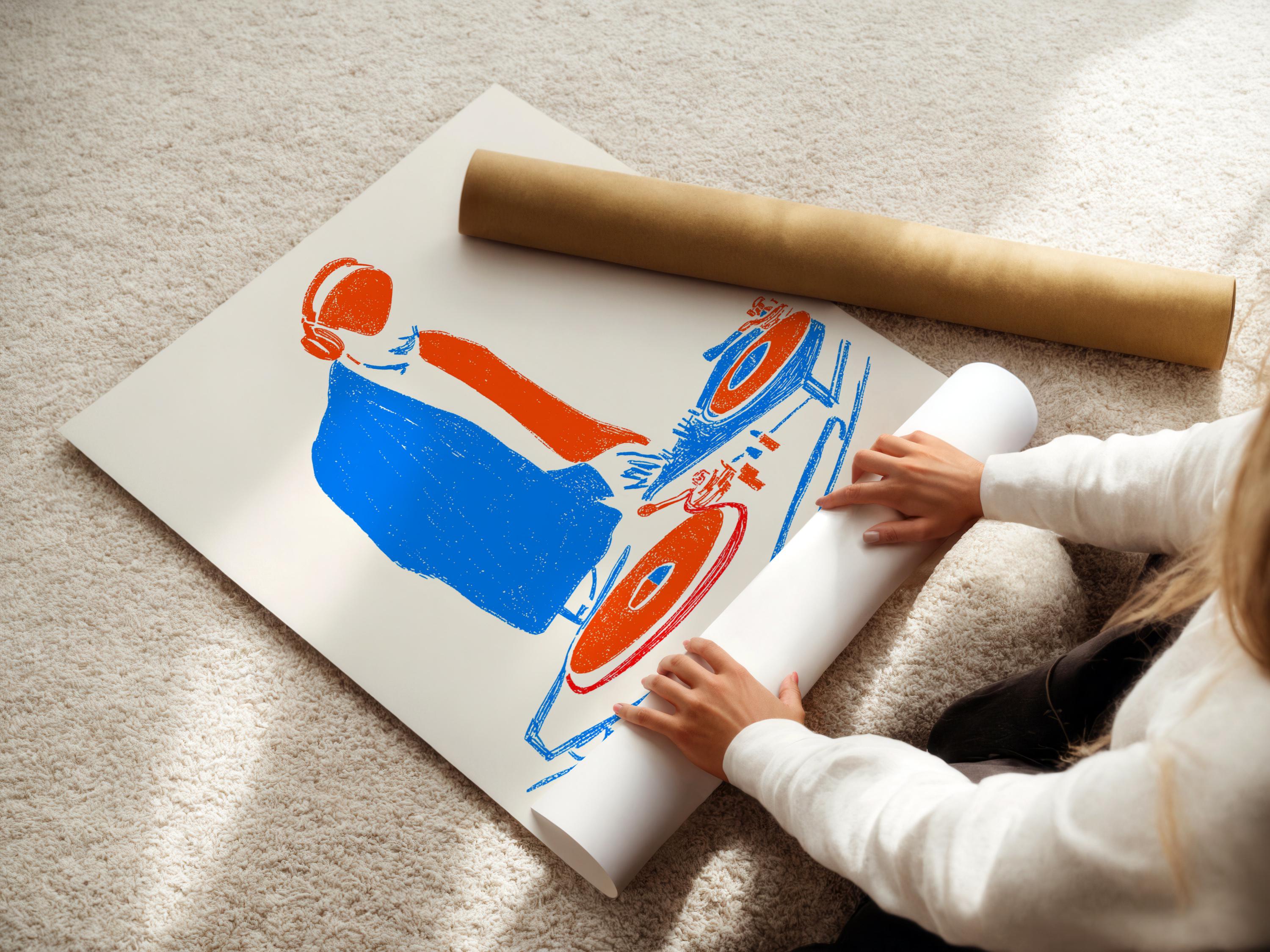 Room mockup showing a framed DJ turntable illustration in blue and orange tones