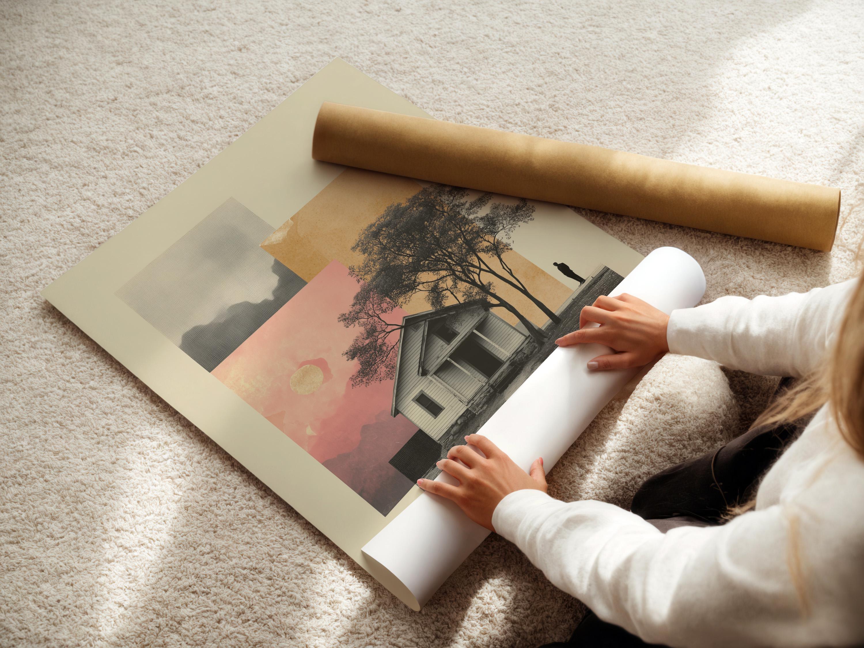 Portrait framed artwork mockup showing a small house and tree silhouettes on beige and pink layered background