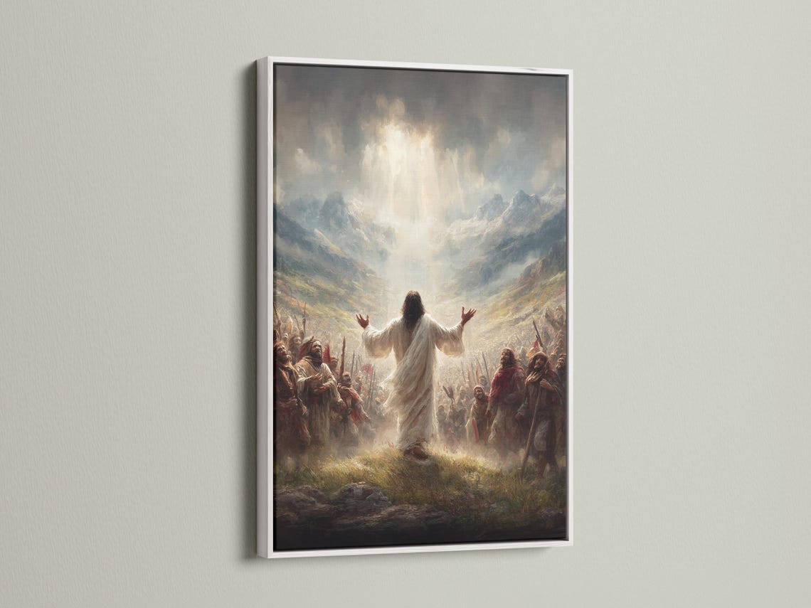 A robed figure with raised arms stands in a crowd beneath glowing light in a misty mountain landscape detail view