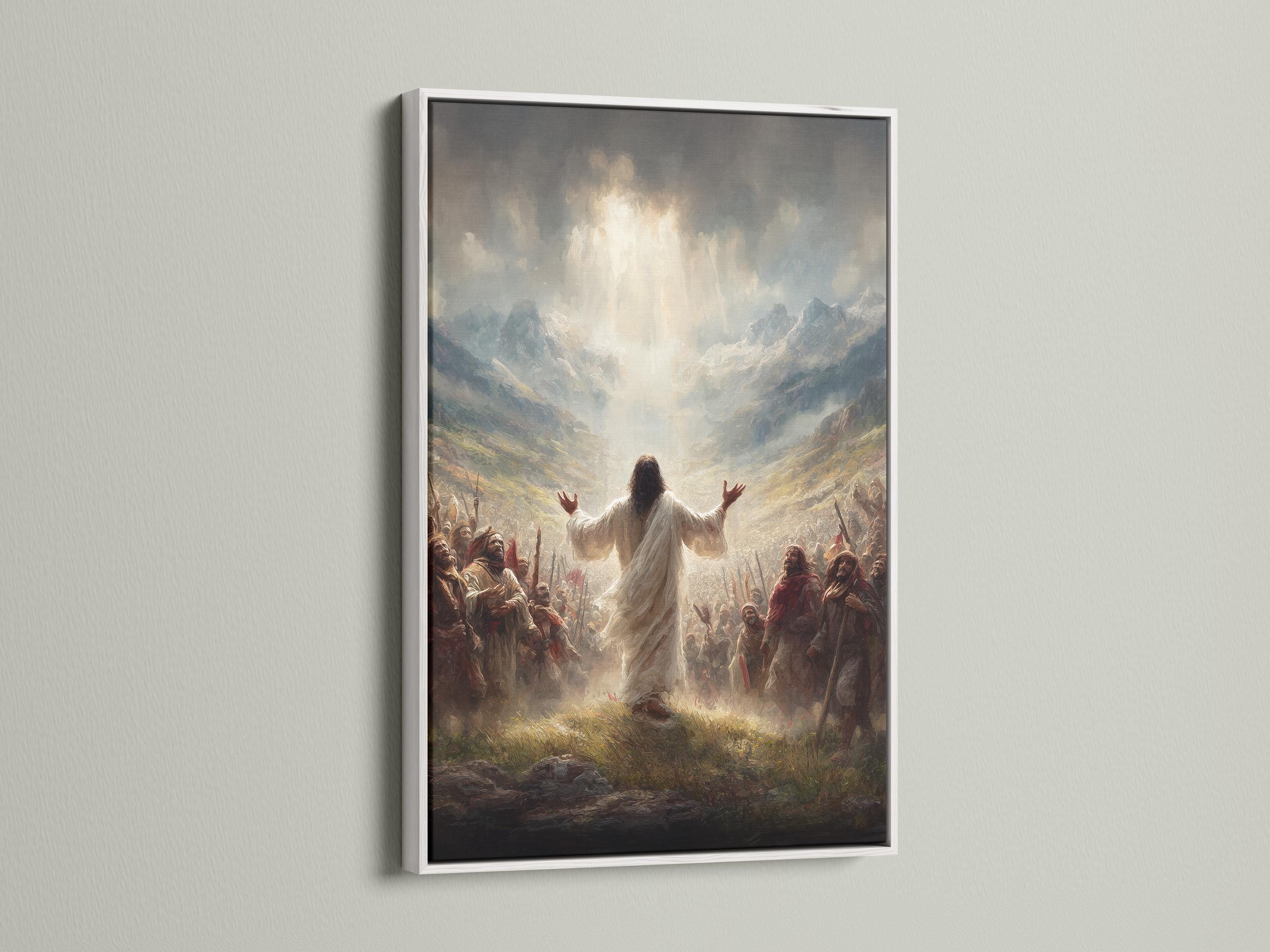 A robed figure with raised arms stands in a crowd beneath glowing light in a misty mountain landscape detail view