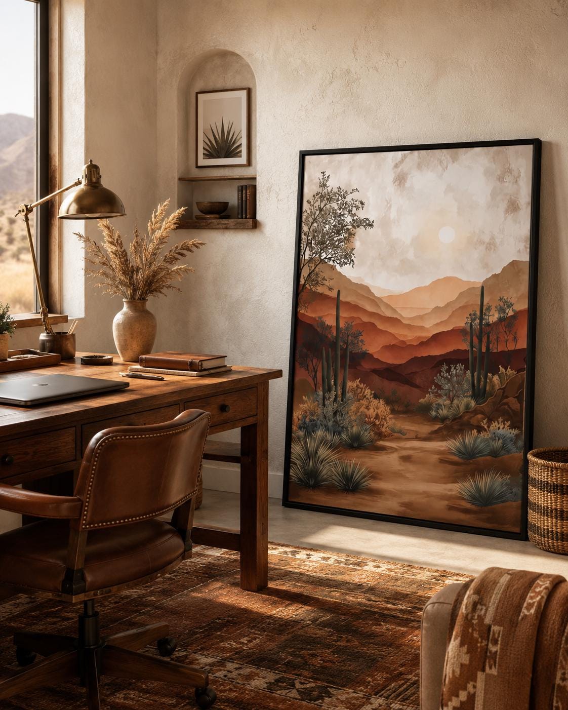 Warm desert landscape artwork with layered mountains, pale sun, and cactus-like plants detail view