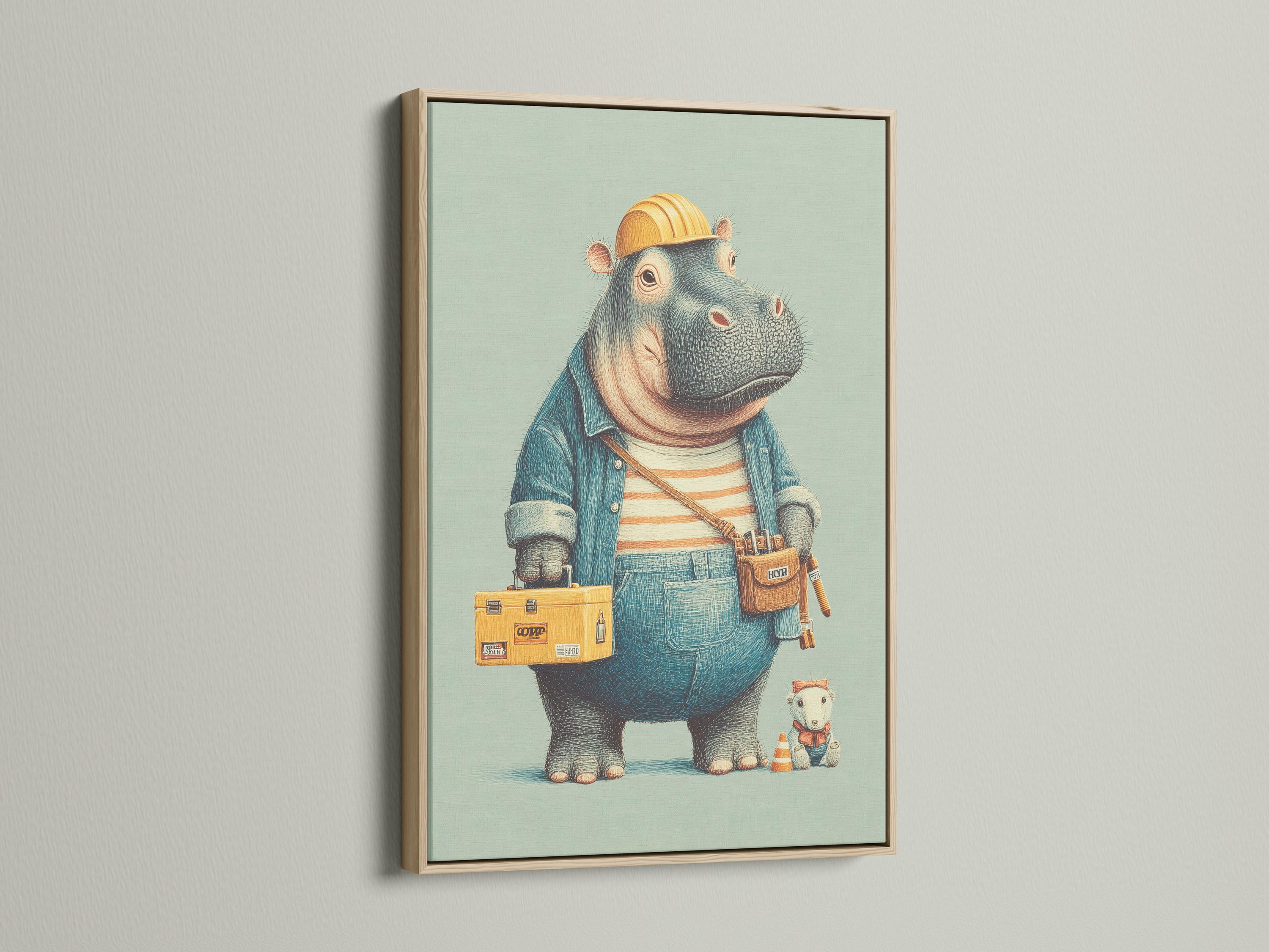 A family sitting on a bed looking at a framed hippo builder artwork above a shelf
