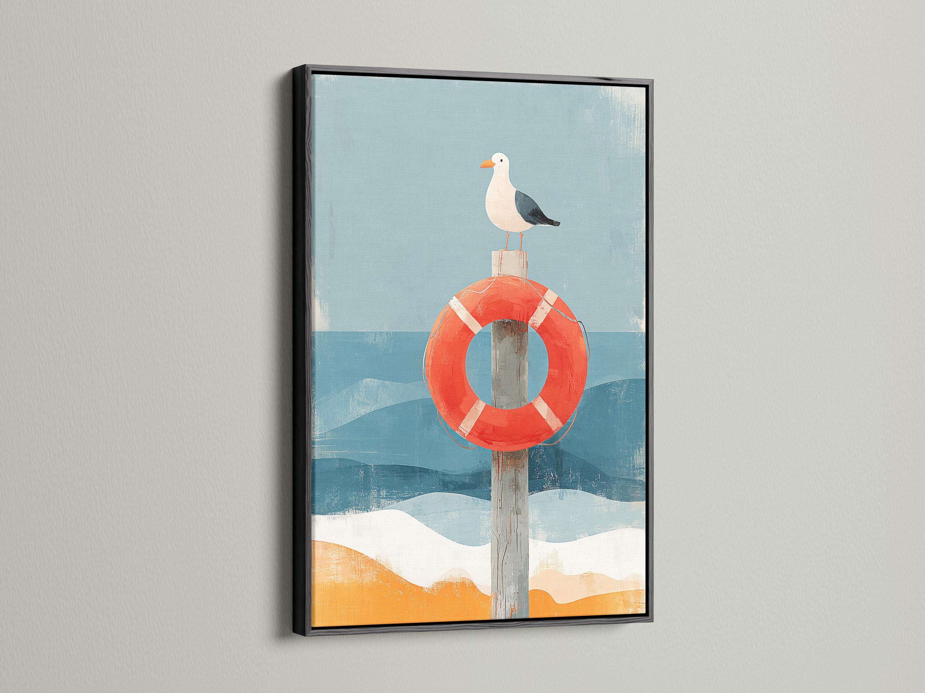 Room mockup featuring framed seagull and lifebuoy artwork with blue waves and sand tones
