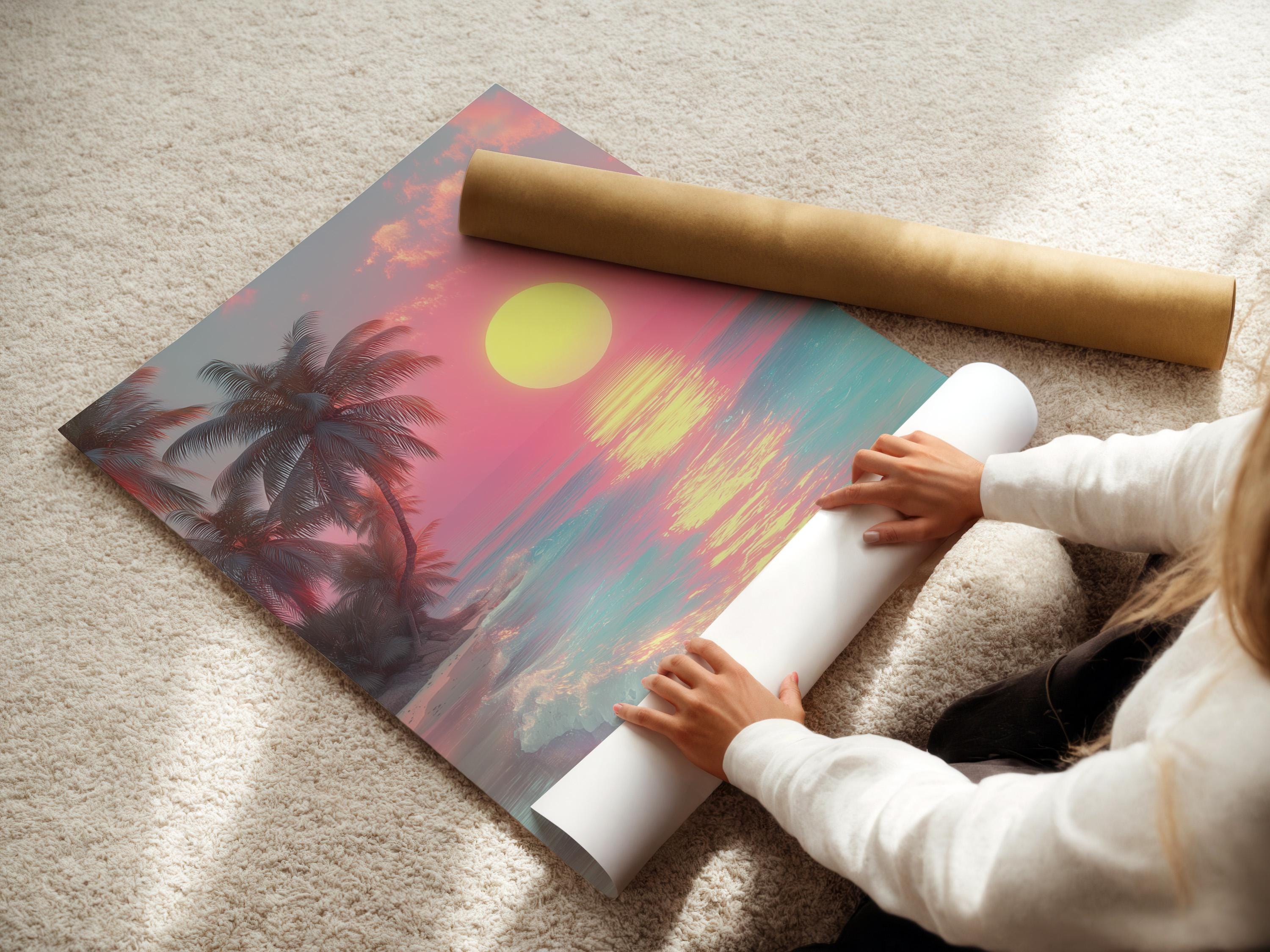 A framed tropical seascape shows a bright yellow sun over pink and turquoise water, with palm silhouettes and glowing reflections detail view