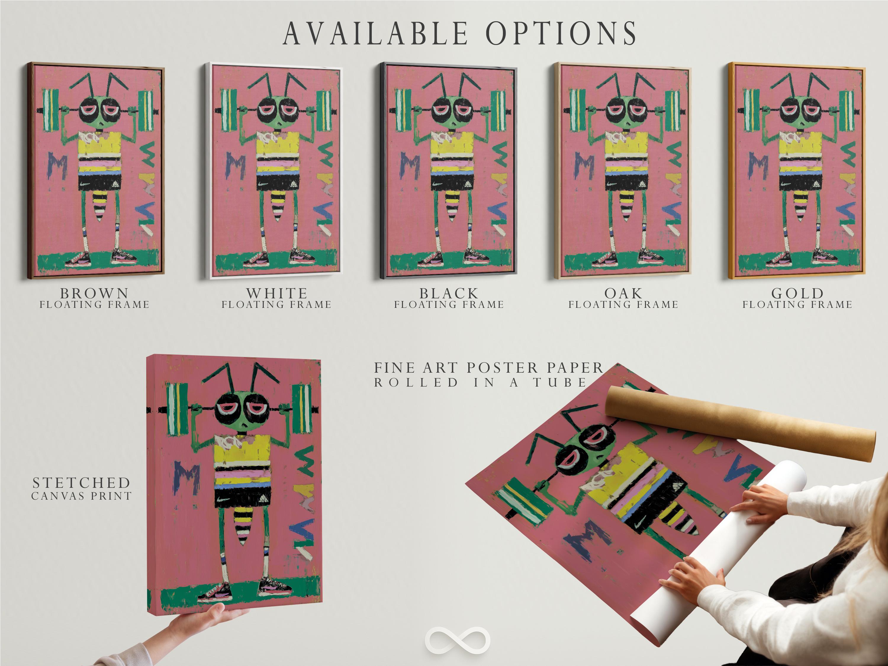 Cartoon bug character with large eyes, pink background, and green and yellow striped body detail view