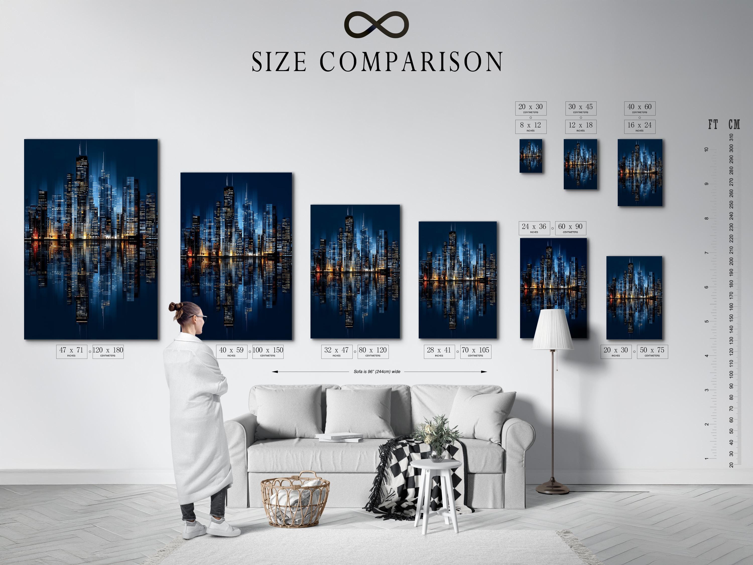Night city skyline artwork in navy blue with illuminated buildings and reflections detail view