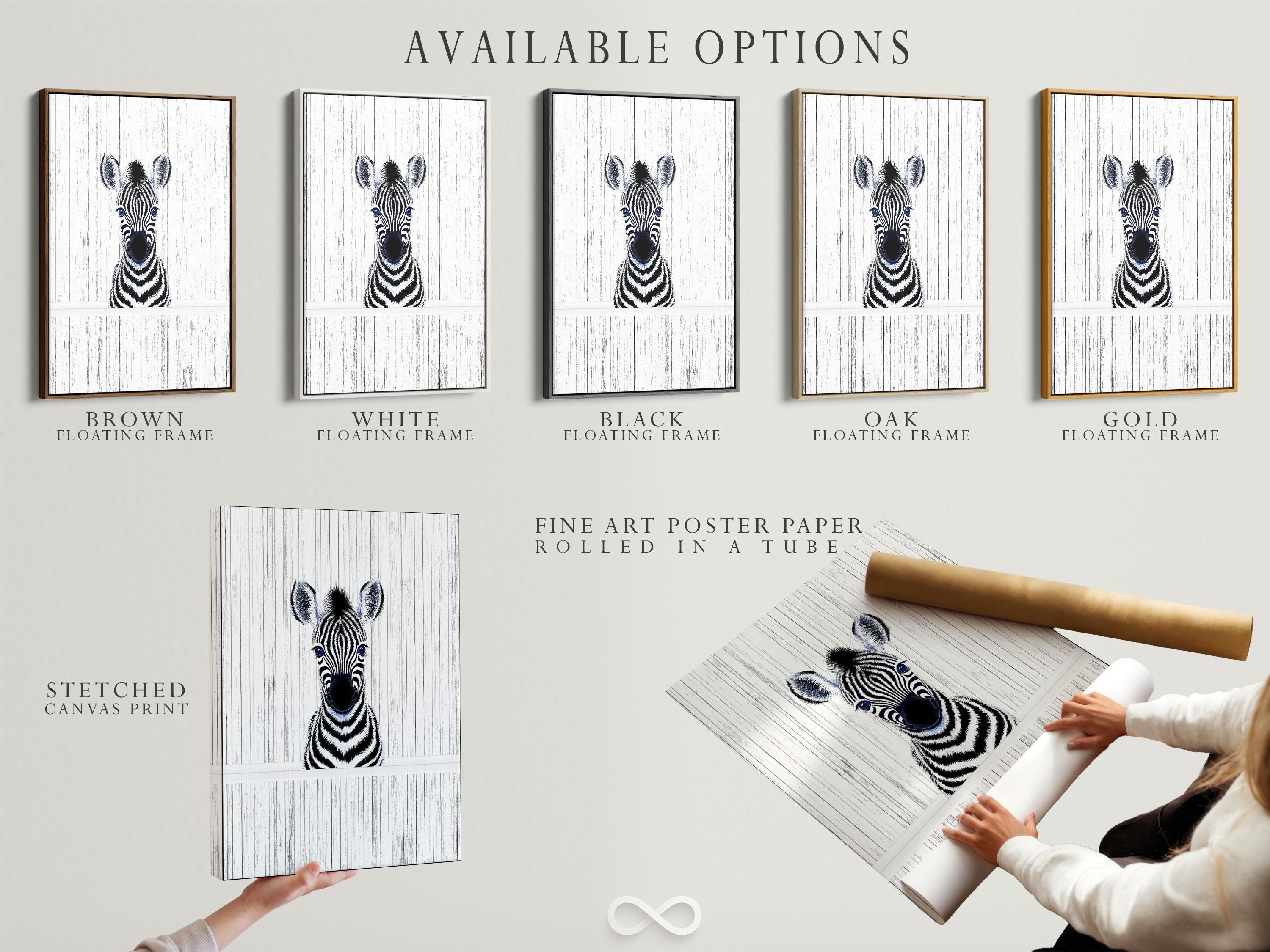 Room mockup showing framed zebra portrait wall art with black and white stripes and blue eyes