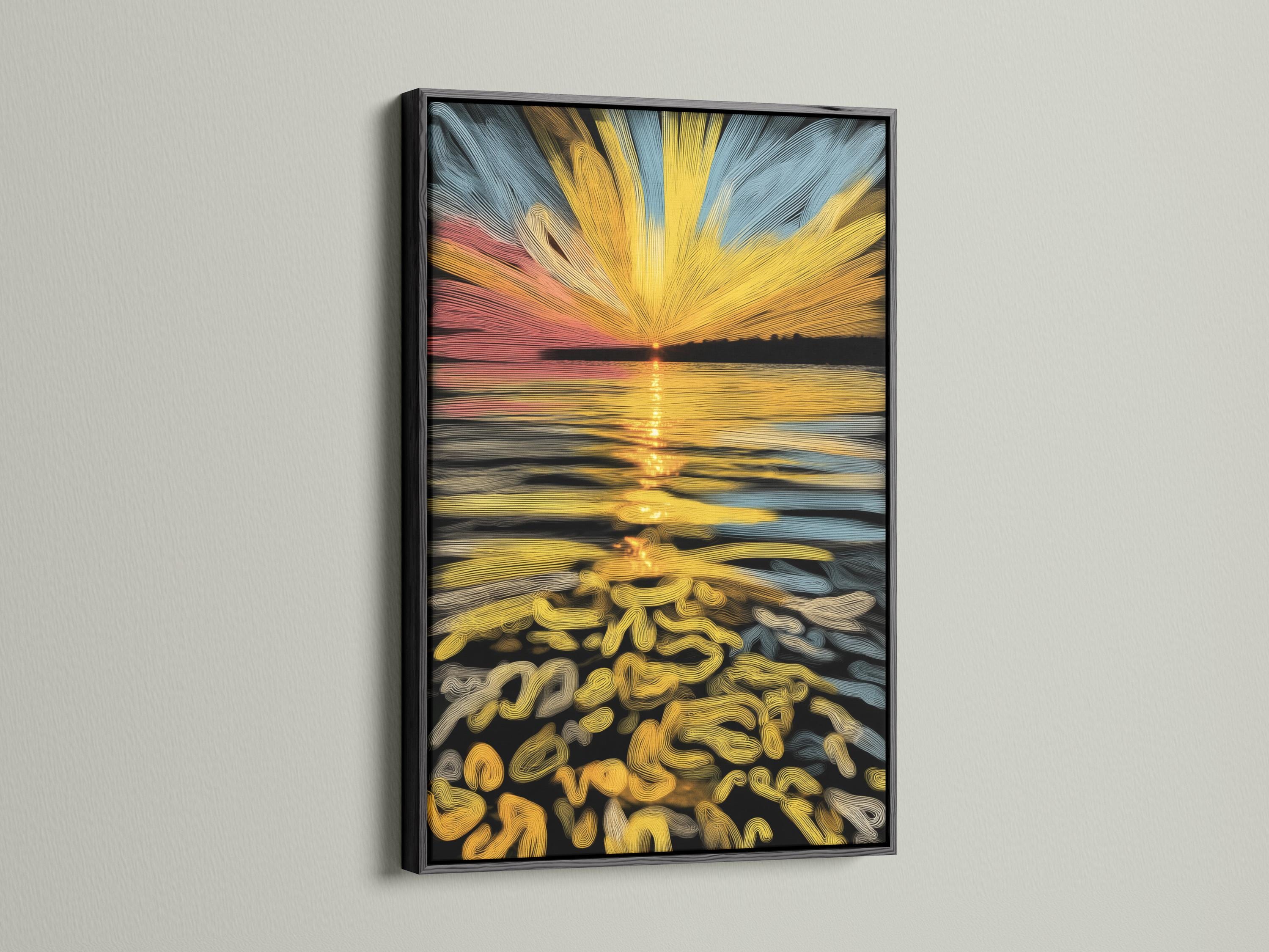 Abstract sunrise seascape with a golden sunburst over blue and peach horizon and shimmering wave reflections detail view